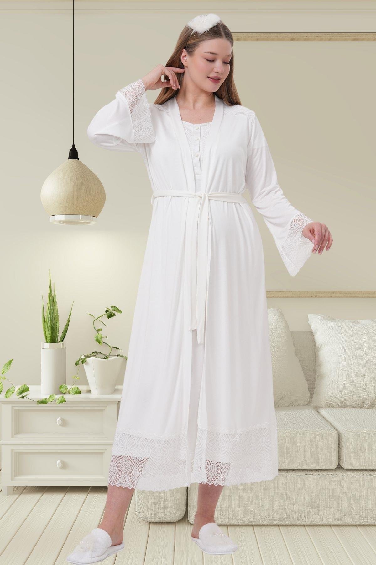 Mecit PijamaMecit 6204 Ekru Hamile Lohusa Dantelli Sabahlık Gecelik Takım