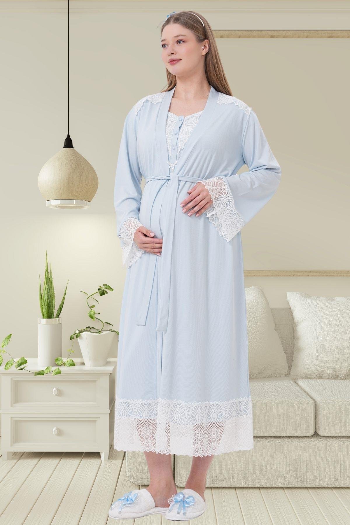 Mecit PijamaMecit 6204 Mavi Hamile Lohusa Dantelli Sabahlık Gecelik Takım