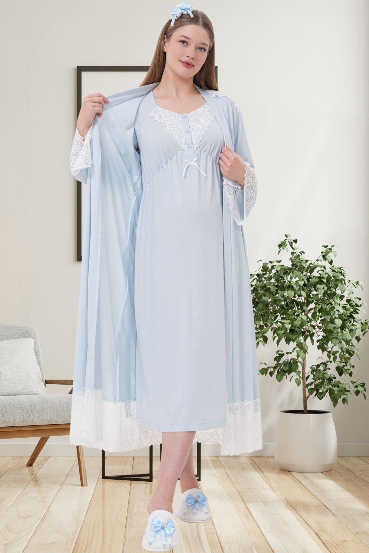 Mecit PijamaMecit 6204 Mavi Hamile Lohusa Dantelli Sabahlık Gecelik Takım