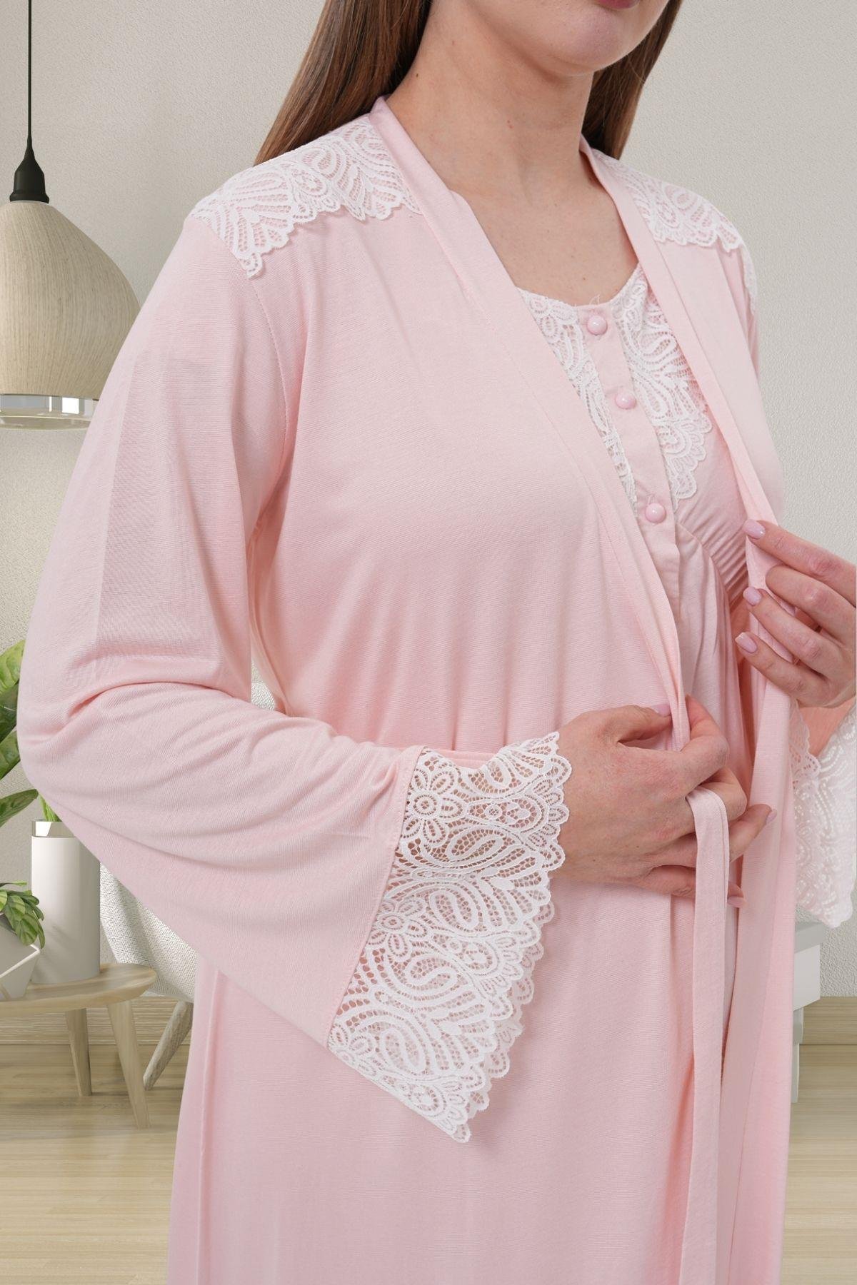 Mecit PijamaMecit 6204 Pembe Hamile Lohusa Dantelli Sabahlık Gecelik Takım