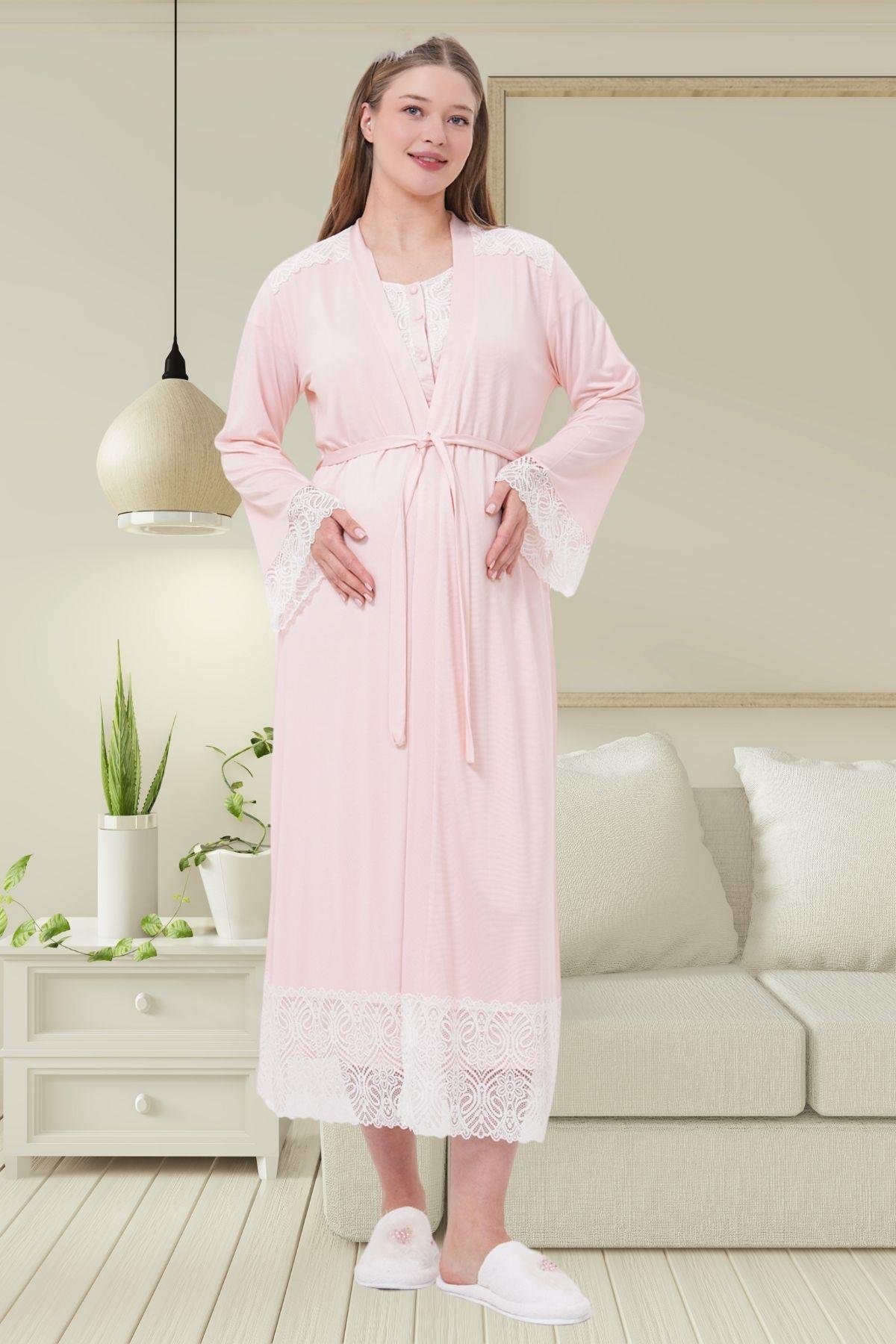 Mecit PijamaMecit 6204 Pembe Hamile Lohusa Dantelli Sabahlık Gecelik Takım