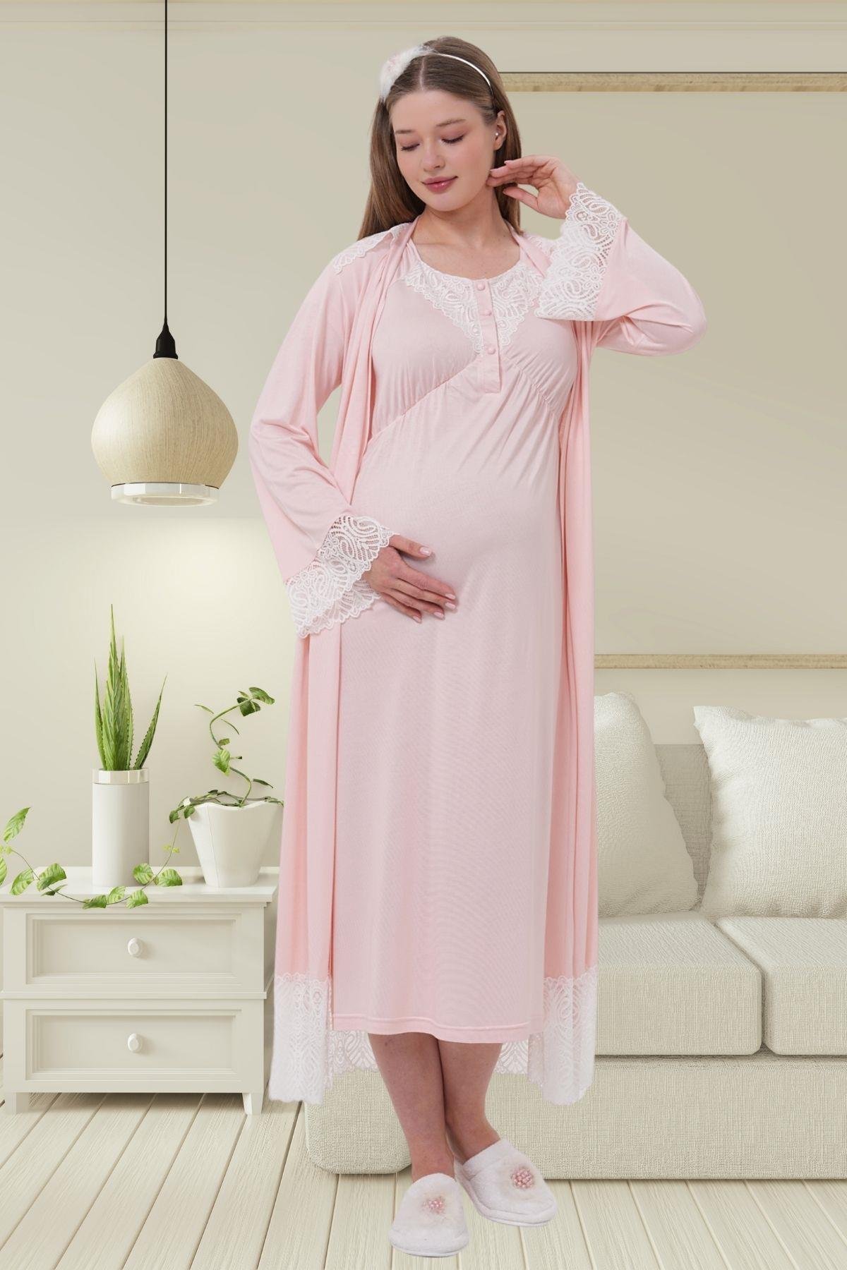 Mecit PijamaMecit 6204 Pembe Hamile Lohusa Dantelli Sabahlık Gecelik Takım