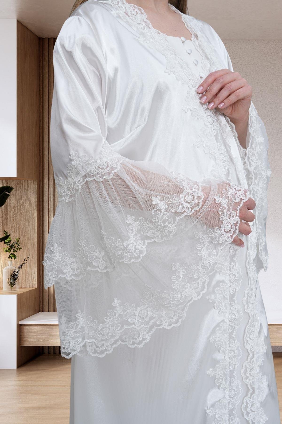 Mecit PijamaMecit 6301 Ekru Hamile Lohusa Dantelli Sabahlık Gecelik Takım