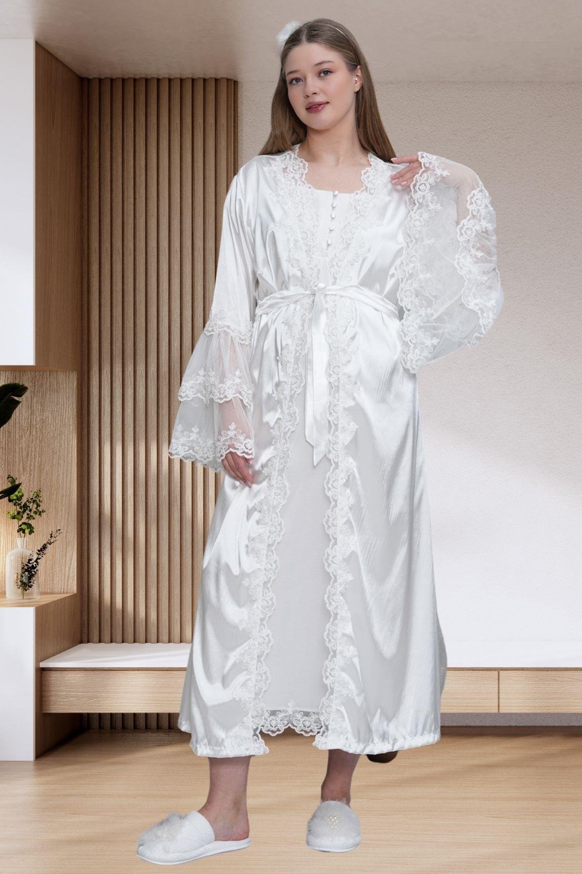 Mecit PijamaMecit 6301 Ekru Hamile Lohusa Dantelli Sabahlık Gecelik Takım