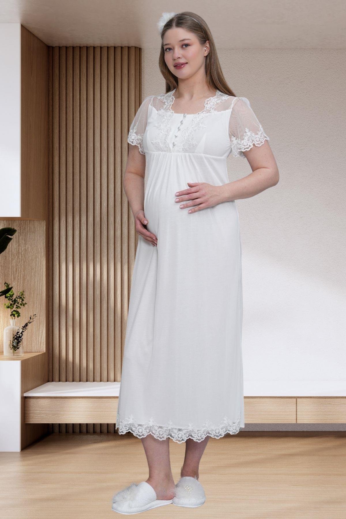 Mecit PijamaMecit 6301 Ekru Hamile Lohusa Dantelli Sabahlık Gecelik Takım