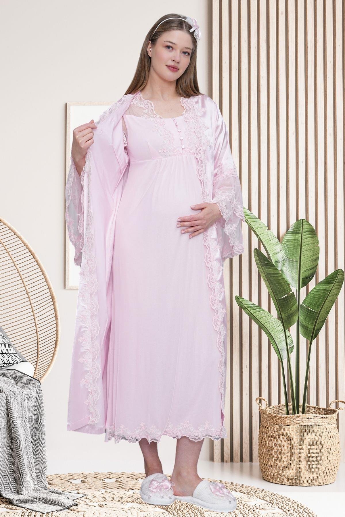Mecit PijamaMecit 6301 Pembe Hamile Lohusa Dantelli Sabahlık Gecelik Takım