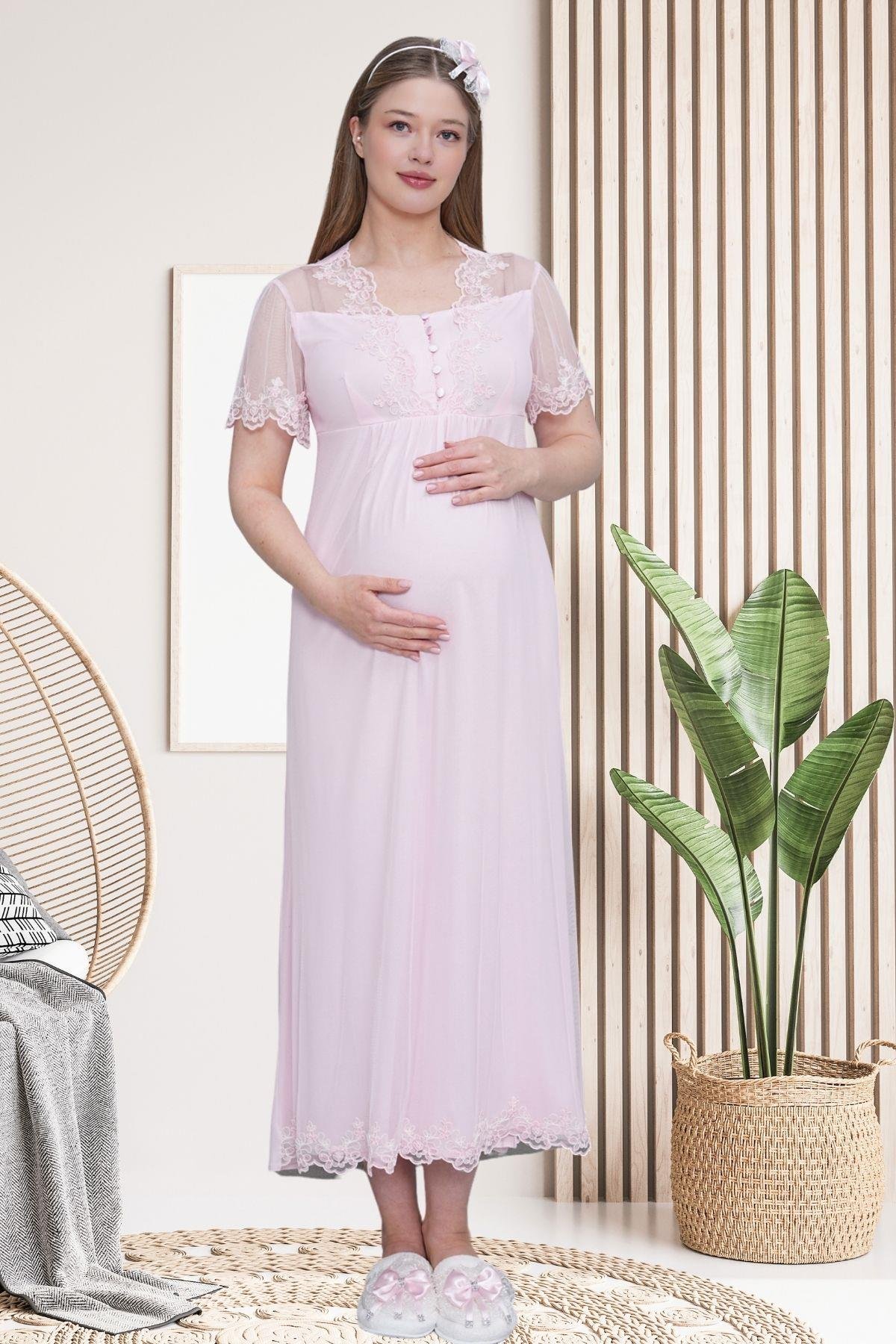 Mecit PijamaMecit 6301 Pembe Hamile Lohusa Dantelli Sabahlık Gecelik Takım
