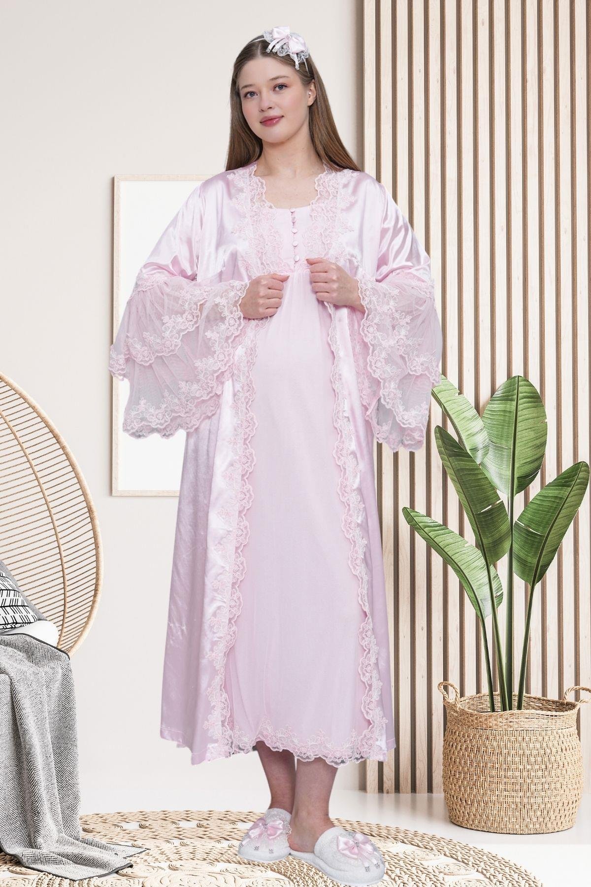 Mecit PijamaMecit 6301 Pembe Hamile Lohusa Dantelli Sabahlık Gecelik Takım