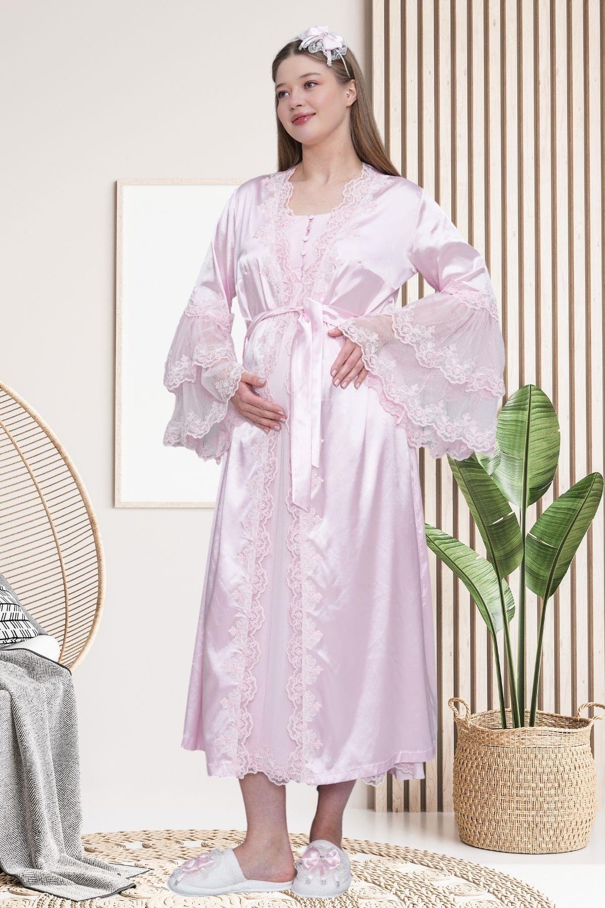 Mecit PijamaMecit 6301 Pembe Hamile Lohusa Dantelli Sabahlık Gecelik Takım