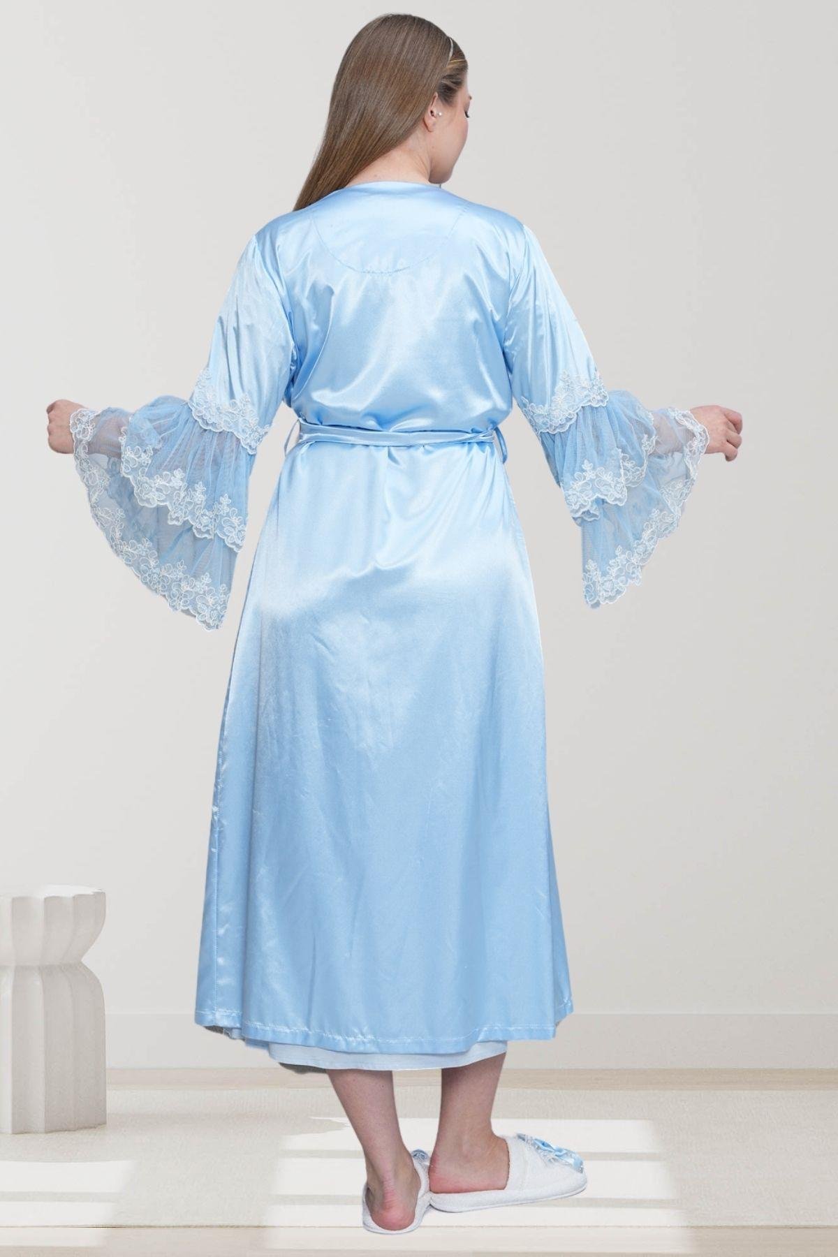 Mecit PijamaMecit 6302 Mavi Dantelli Sabahlık Gecelik Pijama Lohusa Set