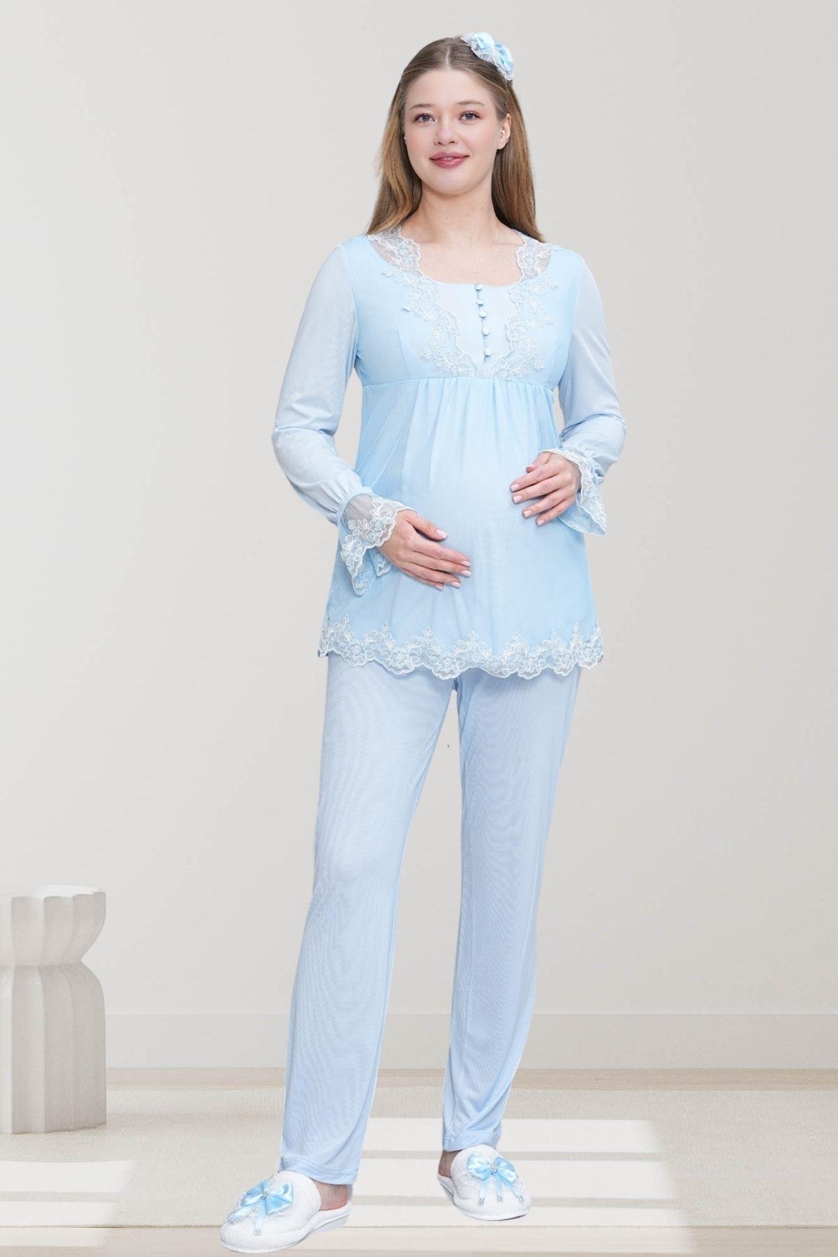 Mecit PijamaMecit 6302 Mavi Dantelli Sabahlık Gecelik Pijama Lohusa Set