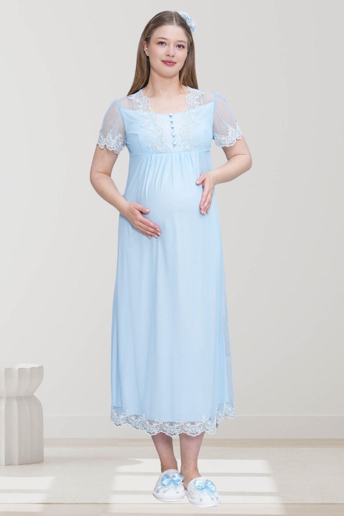 Mecit PijamaMecit 6302 Mavi Dantelli Sabahlık Gecelik Pijama Lohusa Set