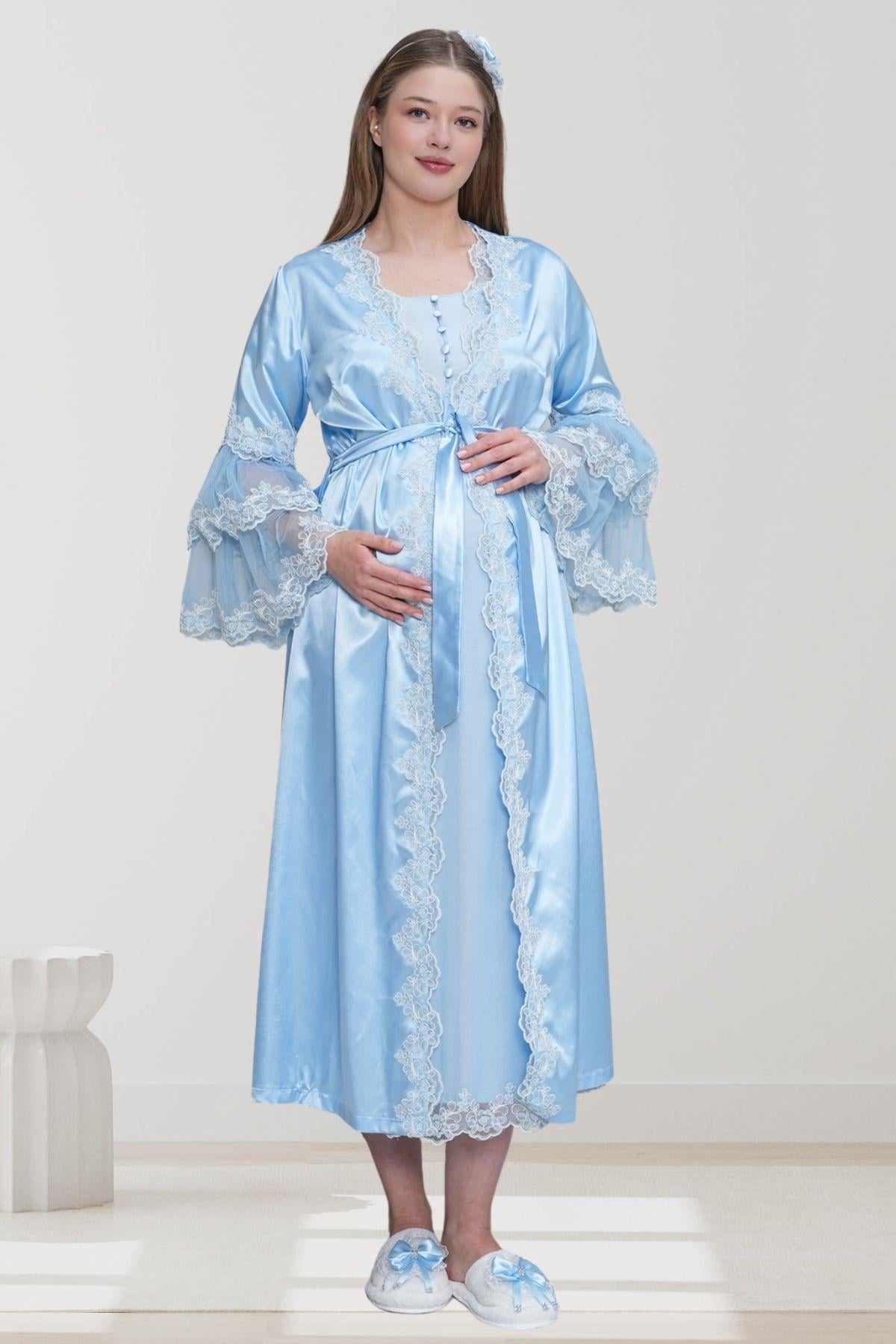 Mecit PijamaMecit 6302 Mavi Dantelli Sabahlık Gecelik Pijama Lohusa Set