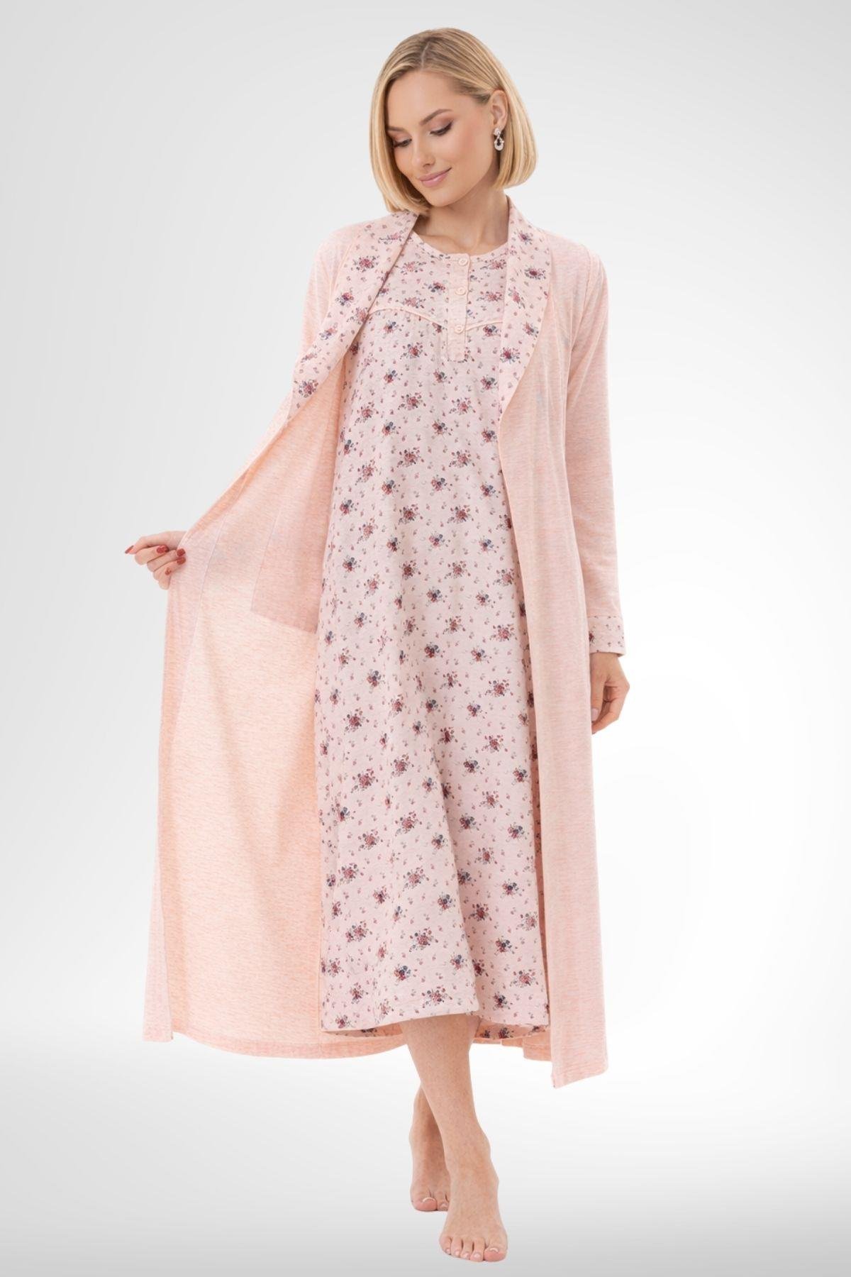 MECİT PİJAMAMecit 6312 Pudra Kadın Büyük Beden Sabahlıklı Gecelik Takım