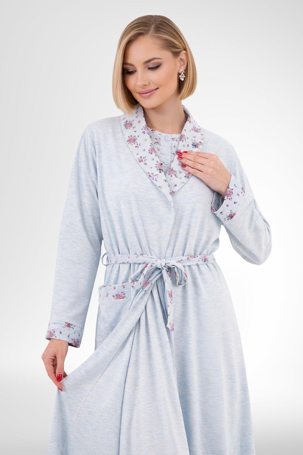 MECİT PİJAMAMecit 6313 Mavi Kadın Büyük Beden Sabahlıklı Gecelik Takım