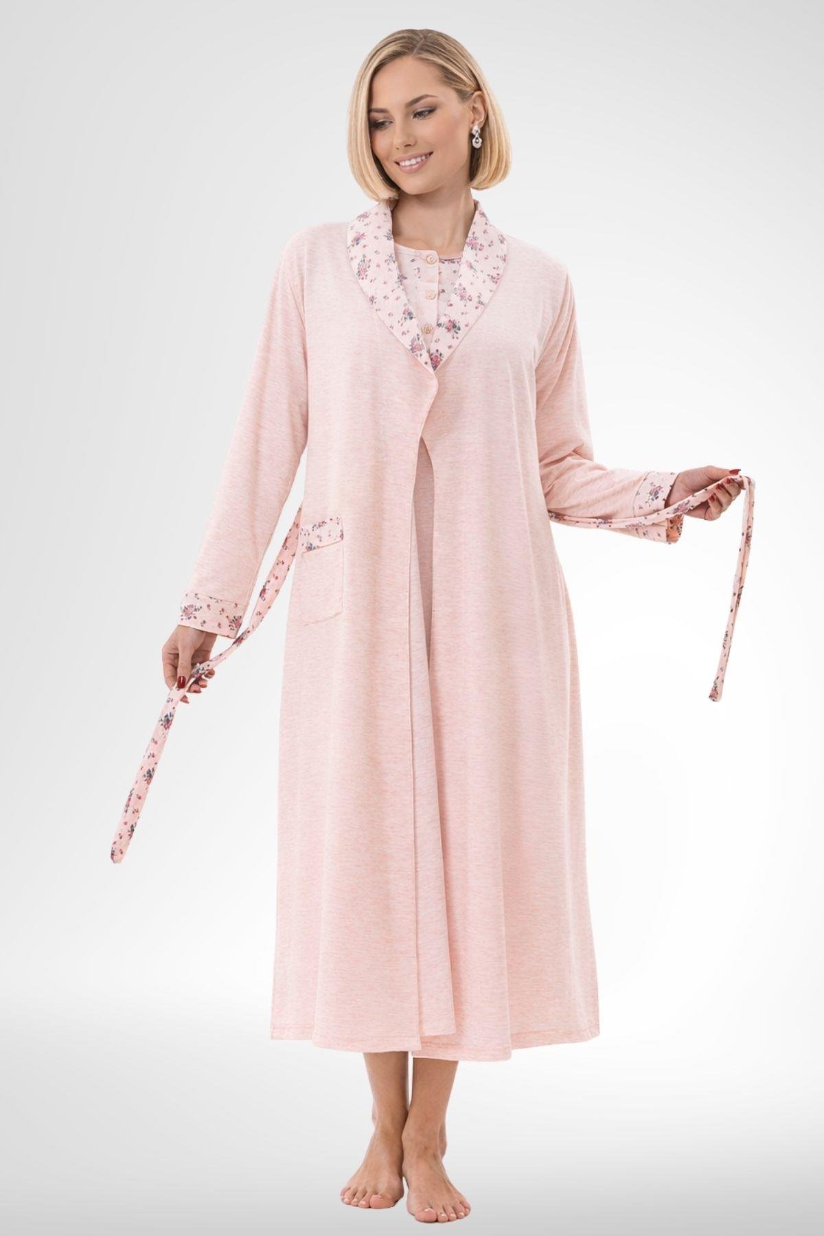 MECİT PİJAMAMecit 6313 Pudra Kadın Büyük Beden Sabahlıklı Gecelik Takım