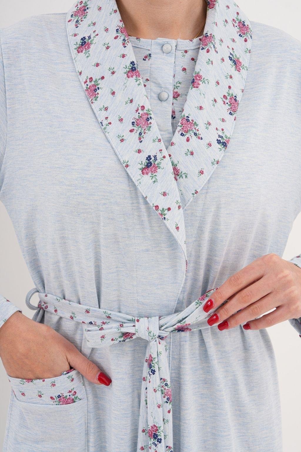 MECİT PİJAMAMecit 6317 Mavi Kadın Büyük Beden Boydan Düğmeli Sabahlıklı Pijama Takımı