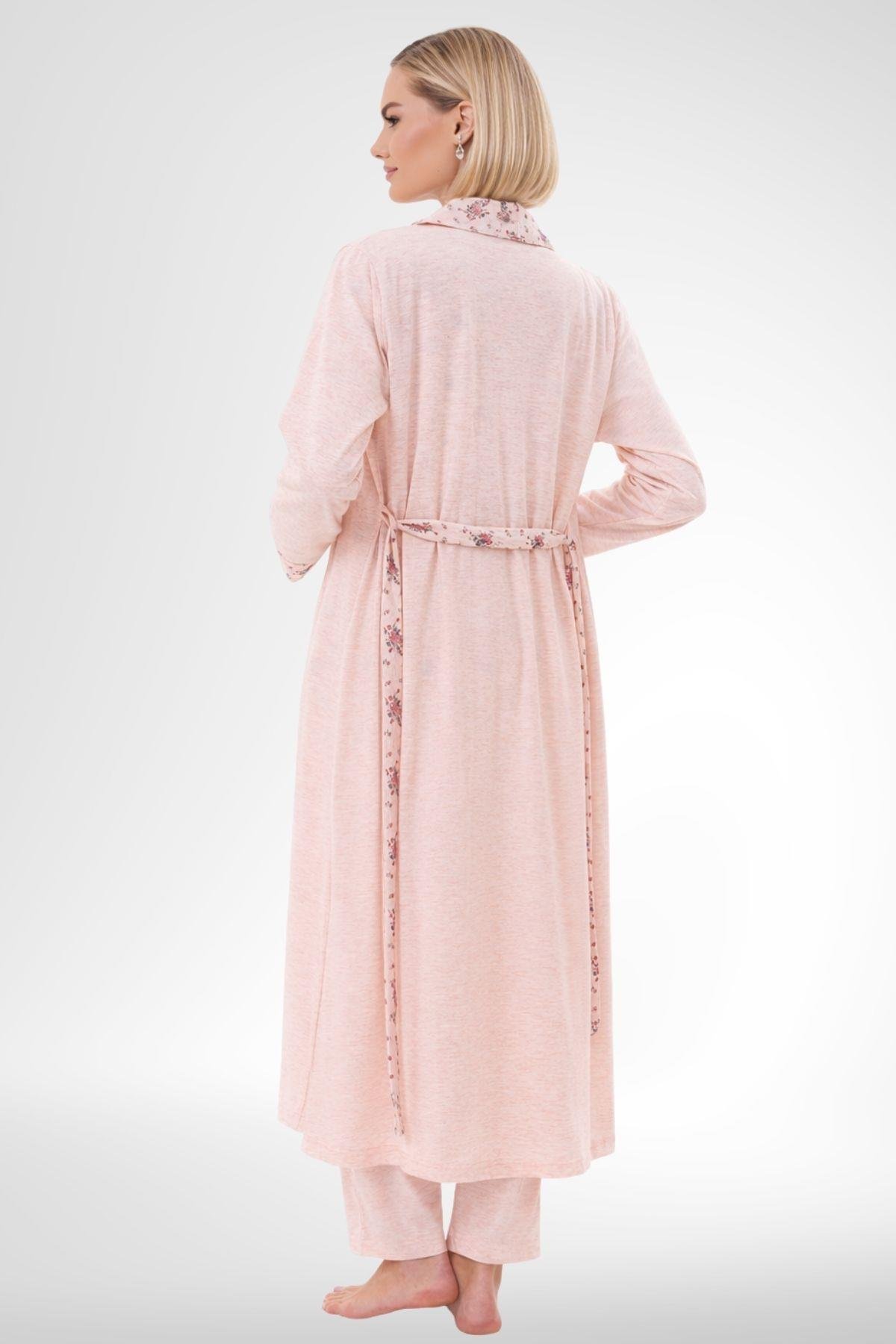 MECİT PİJAMAMecit 6317 Pudra Kadın Büyük Beden Boydan Düğmeli Sabahlıklı Pijama Takımı