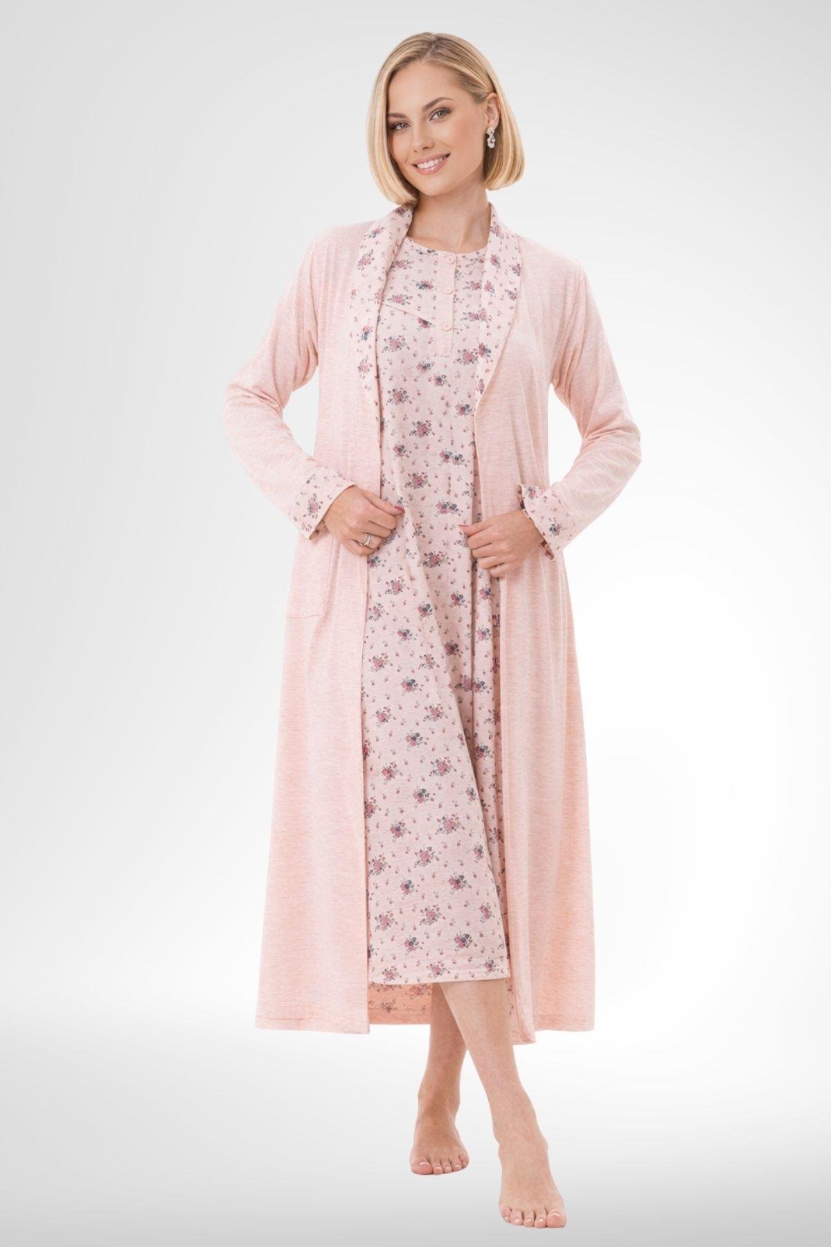 MECİT PİJAMAMecit 6318 Pudra Büyük Beden Kadın Sabahlık Pijama Gecelik Set