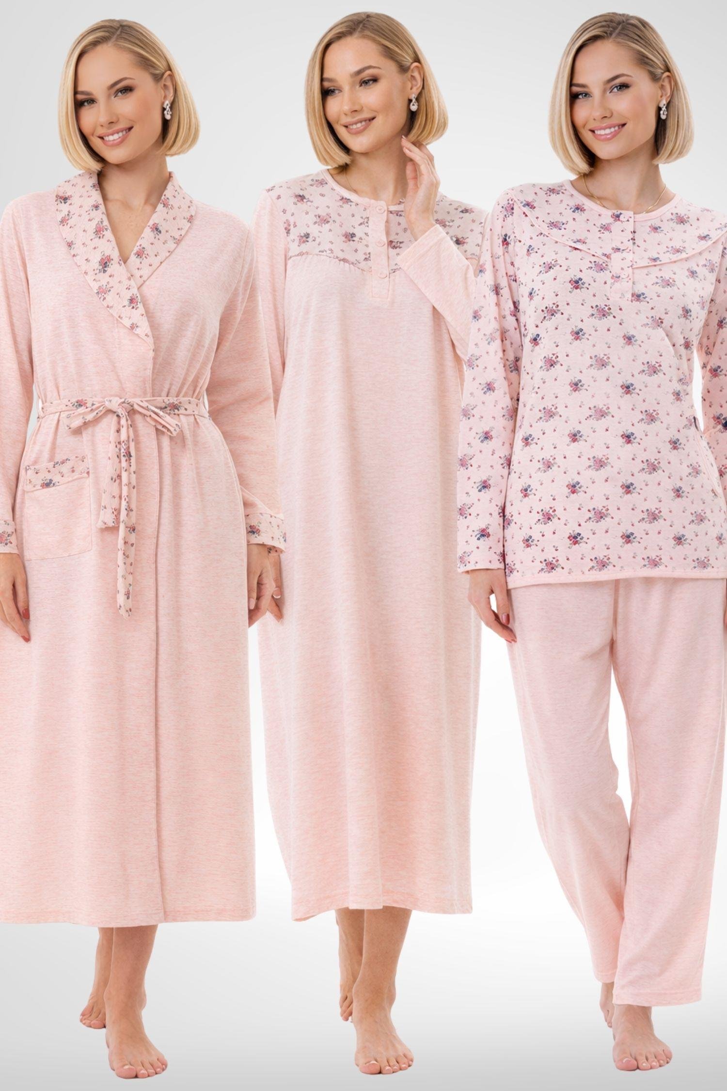 MECİT PİJAMAMecit 6320 Pudra Büyük Beden Kadın Sabahlık Pijama Gecelik Set