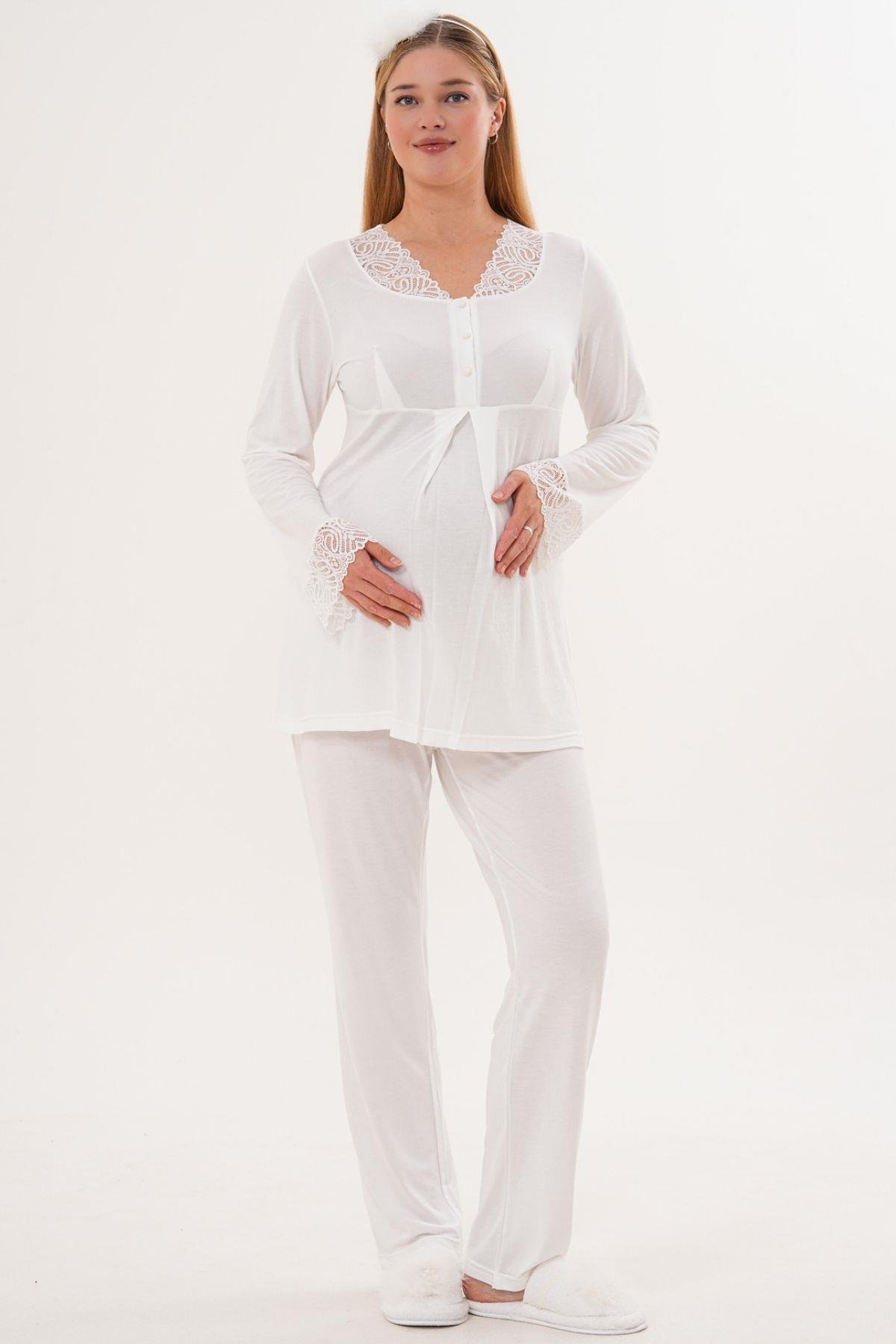 MECİT PİJAMAMecit 6332 Ekru Sabahlık Gecelik Pijama Hamile Lohusa Set