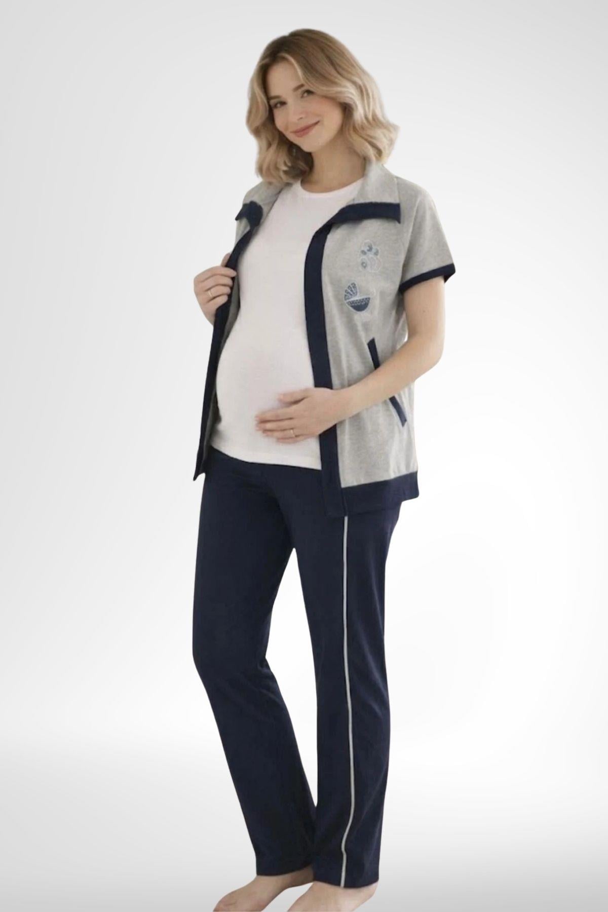 MECİT PİJAMAMecit 6352 Lacivert 3'lü Hamile Lohusa Pijama Takımı