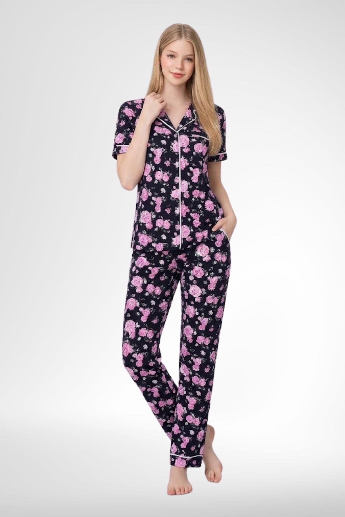 MECİT PİJAMAMecit 6353 Lacivert Çiçek Desenli Boydan Düğmeli Kadın Pijama Takımı
