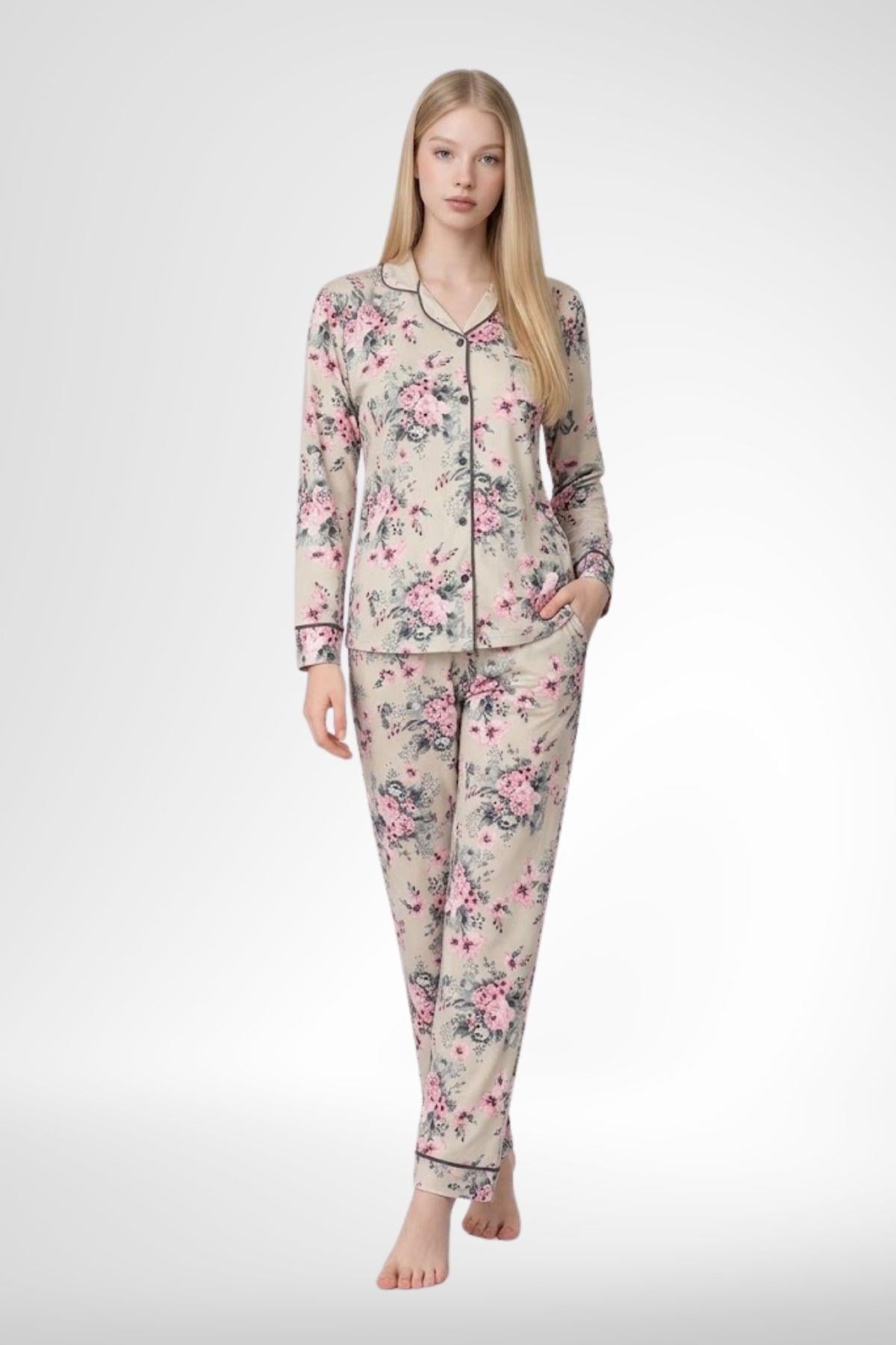 MECİT PİJAMAMecit 6354 Çiçek Desenli Boydan Düğmeli Kadın Pijama Takımı