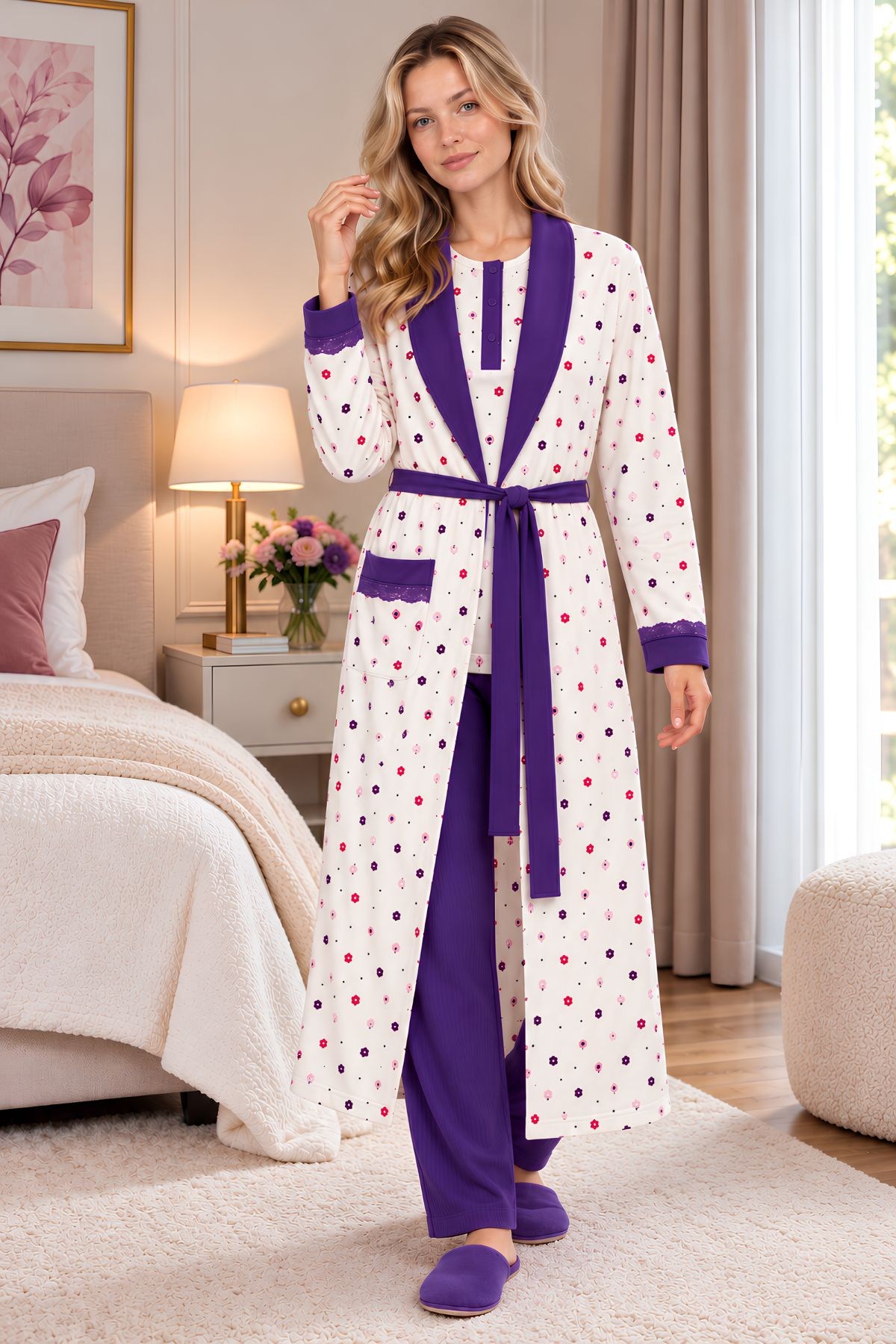MECİT PİJAMAMecit 6358 Mor Kadın Uzun Sabahlıklı Pijama Takımı