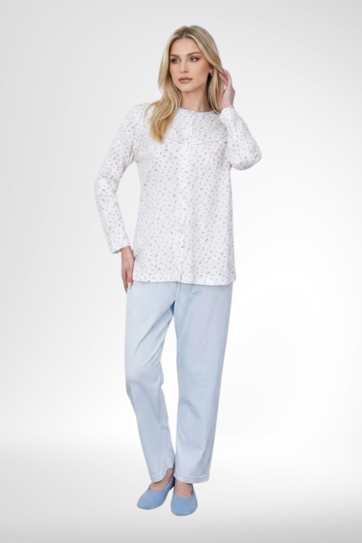 MECİT PİJAMAMecit 6362 Mavi %100 Pamuk Boydan Düğmeli Büyük Beden Kadın Pijama Takımı