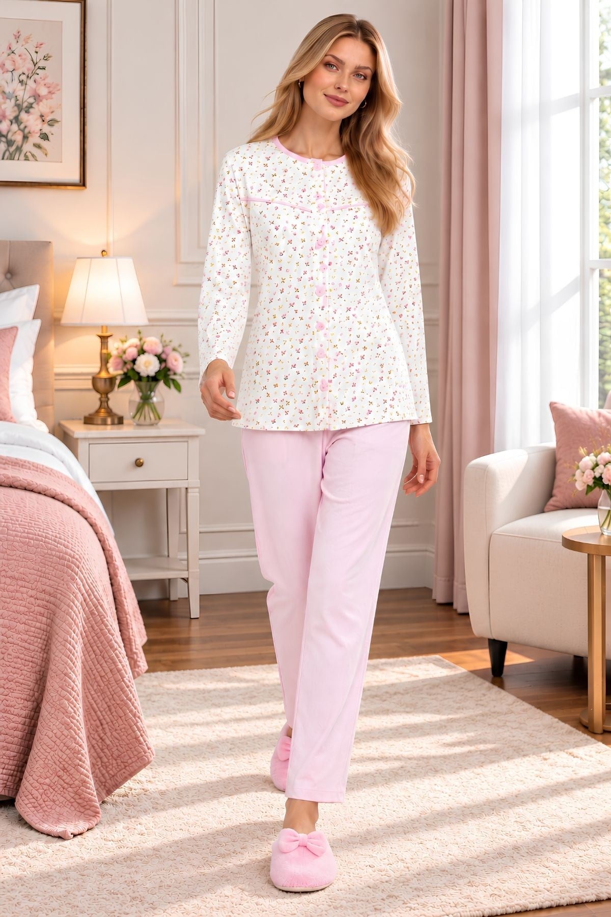 MECİT PİJAMAMecit 6362 Pembe %100 Pamuk Boydan Düğmeli Büyük Beden Kadın Pijama Takımı