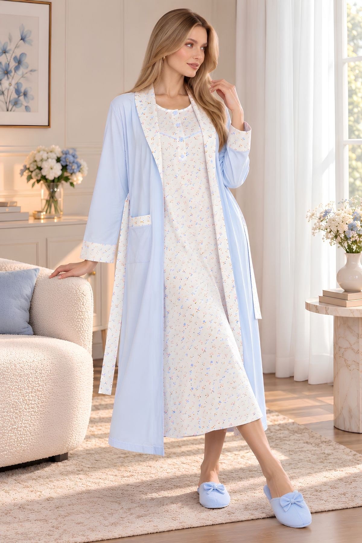 MECİT PİJAMAMecit 6384 Mavi Büyük Beden Kadın Sabahlık Pijama ve Uzun Kollu Gecelik Set