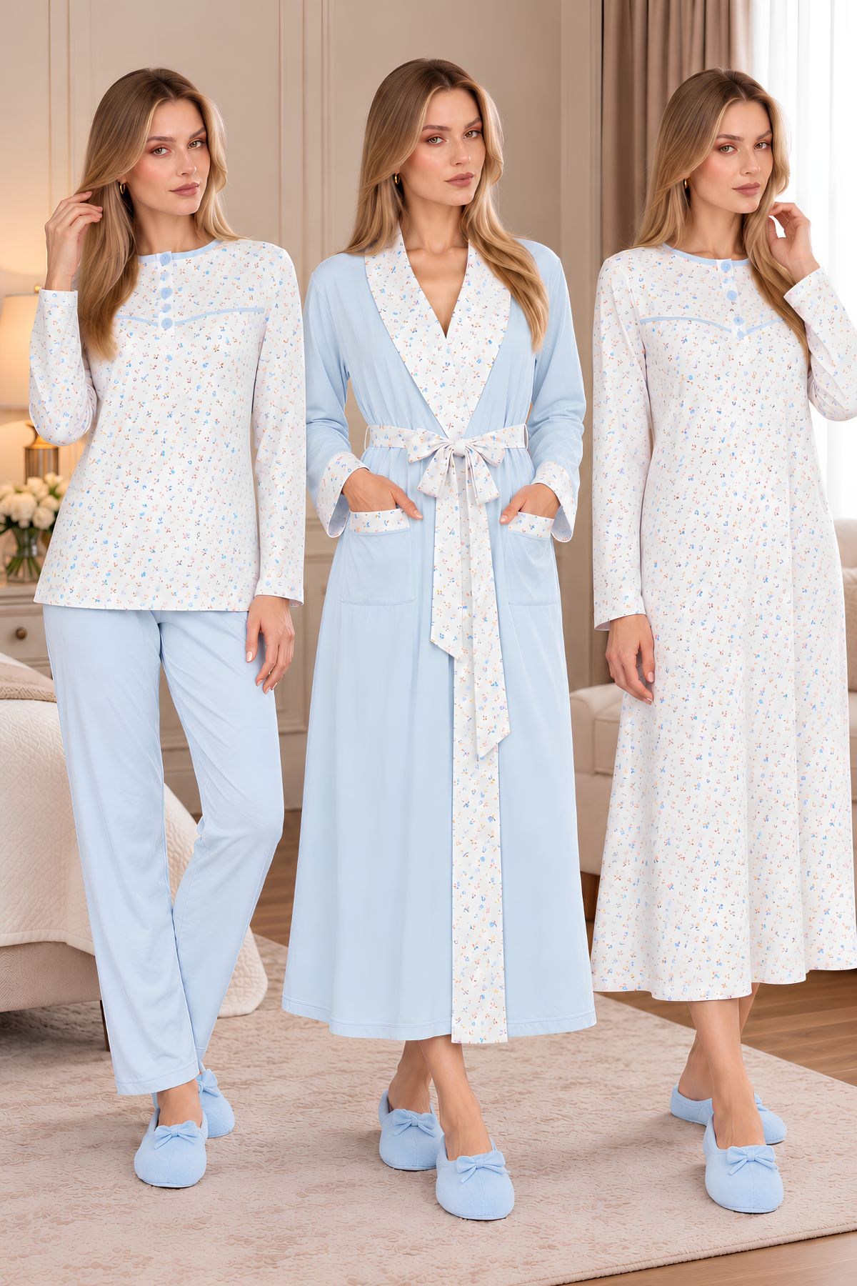 MECİT PİJAMAMecit 6384 Mavi Büyük Beden Kadın Sabahlık Pijama ve Uzun Kollu Gecelik Set