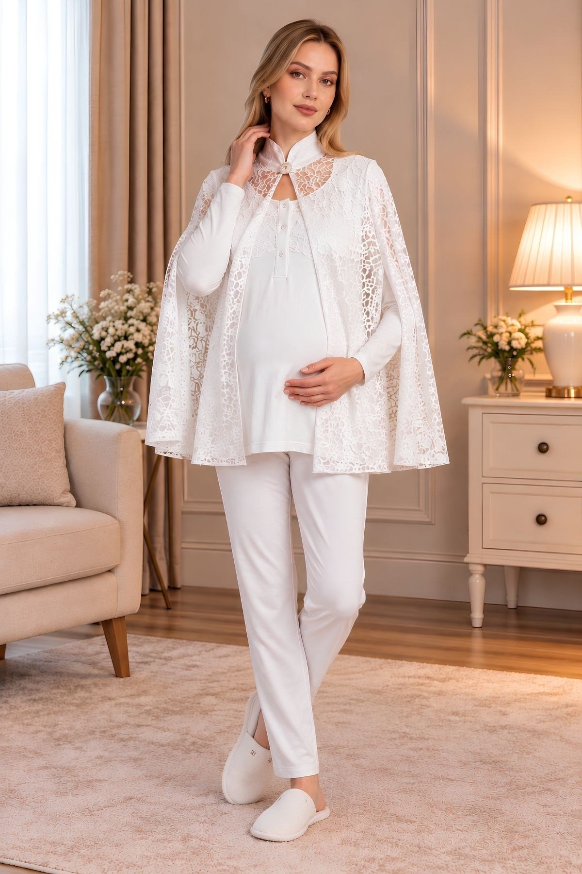 MECİT PİJAMAMecit 6402 Elegant Ekru Dantel Pelerinli Lohusa Pijama Takımı