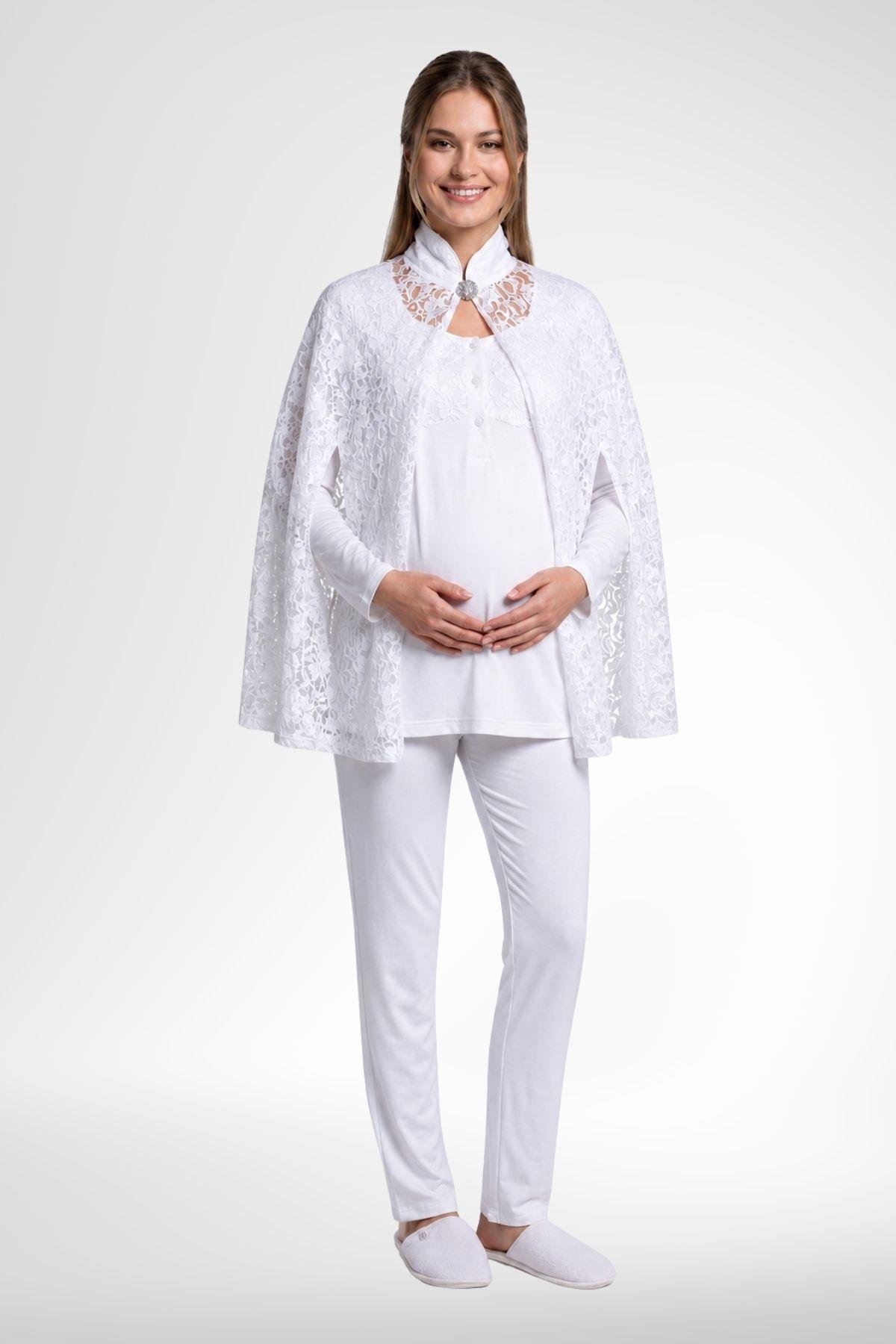 MECİT PİJAMAMecit 6402 Elegant Ekru Dantel Pelerinli Lohusa Pijama Takımı