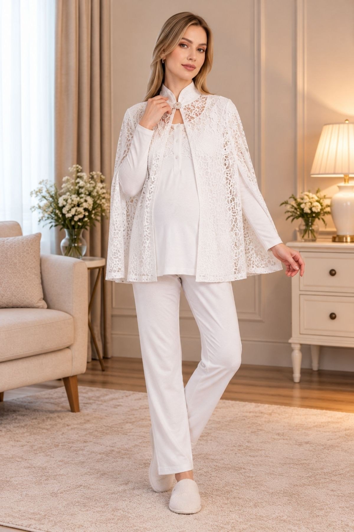MECİT PİJAMAMecit 6402 Elegant Ekru Dantel Pelerinli Lohusa Pijama Takımı