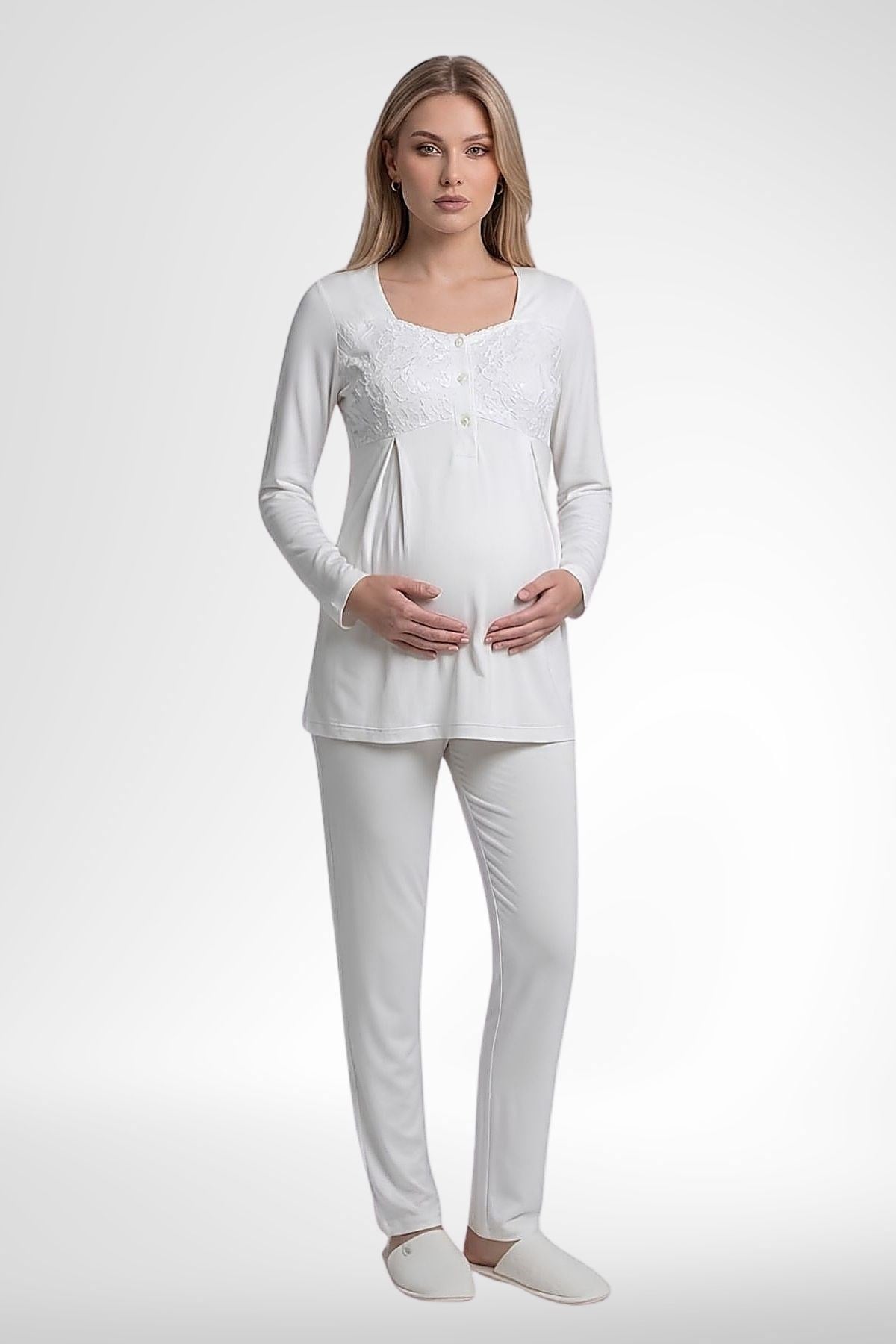 MECİT PİJAMAMecit 6402 Elegant Ekru Dantel Pelerinli Lohusa Pijama Takımı
