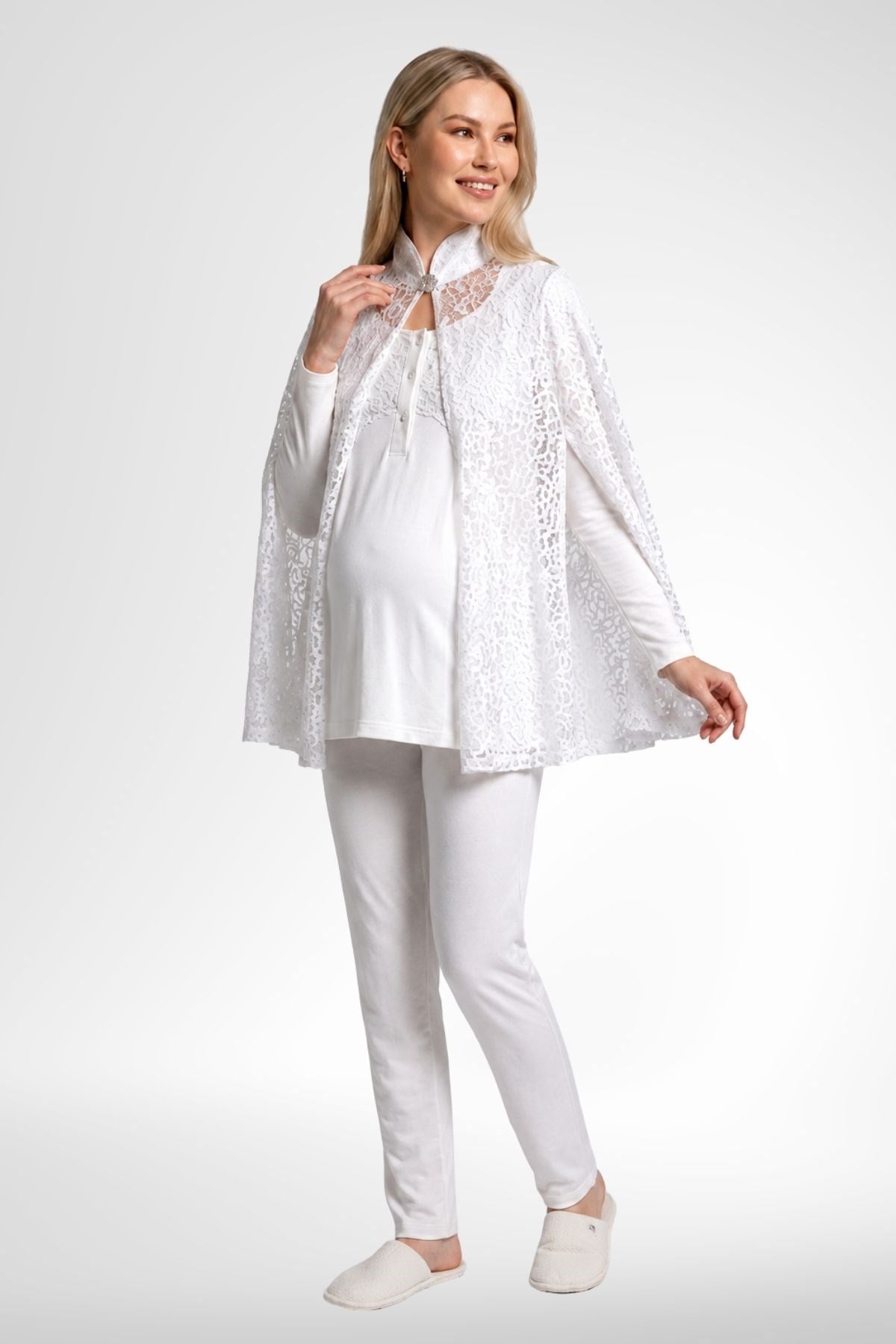 MECİT PİJAMAMecit 6402 Elegant Ekru Dantel Pelerinli Lohusa Pijama Takımı