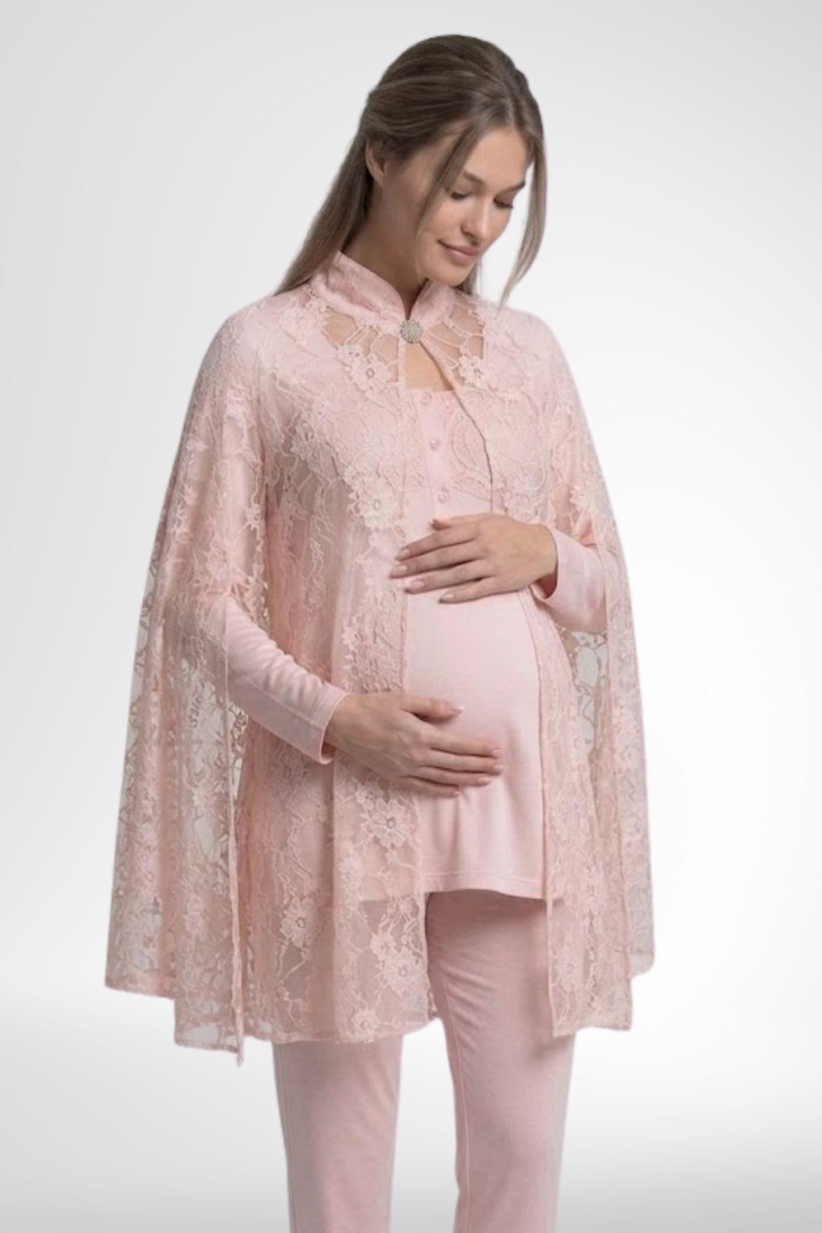 MECİT PİJAMAMecit 6402 Elegant Pudra Pembe Dantel Pelerinli Lohusa Pijama Takımı