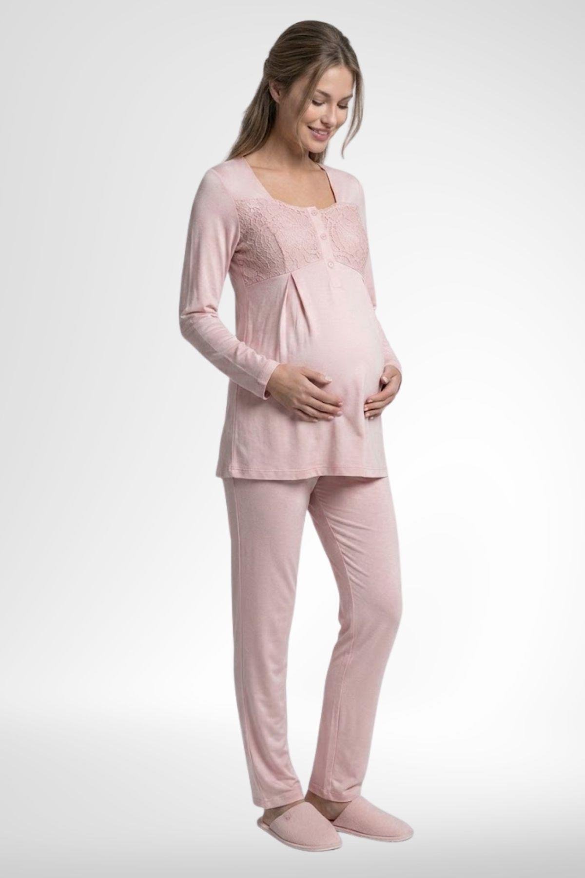 MECİT PİJAMAMecit 6402 Elegant Pudra Pembe Dantel Pelerinli Lohusa Pijama Takımı