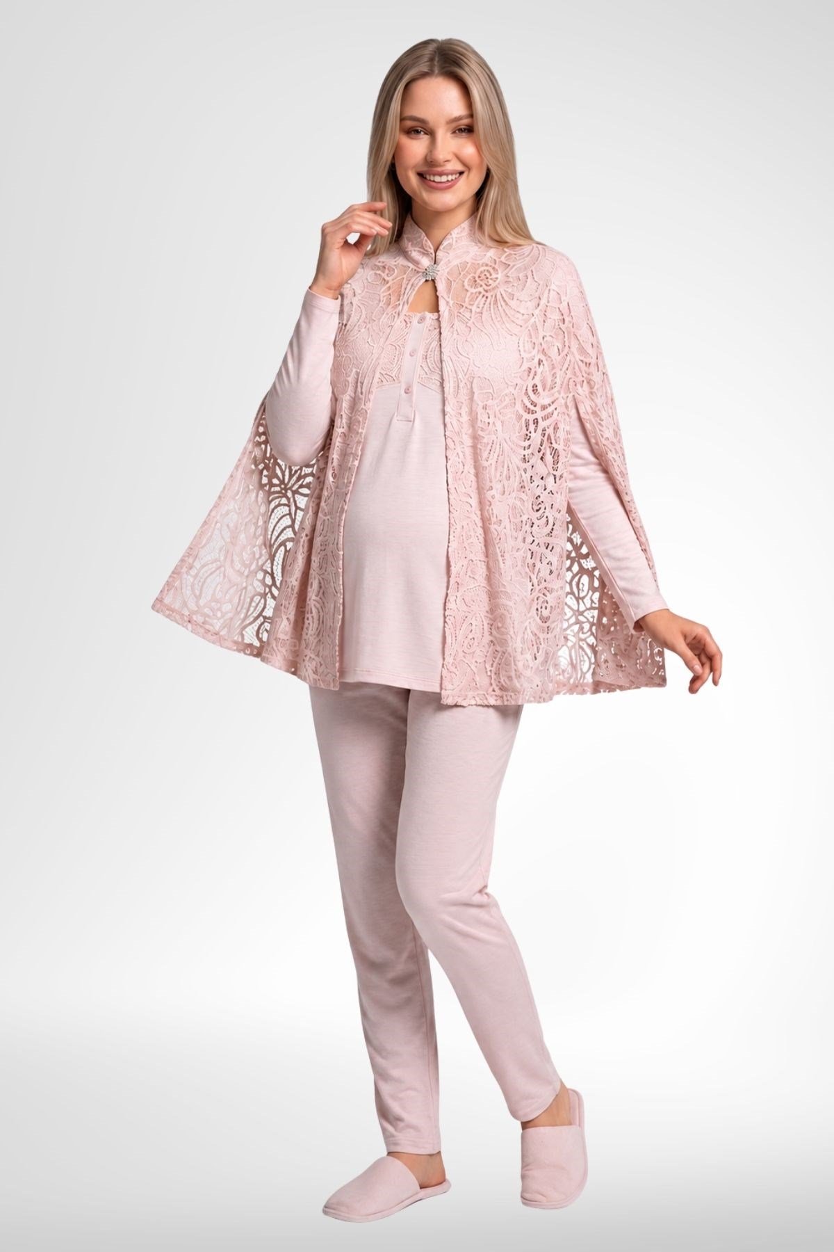MECİT PİJAMAMecit 6402 Elegant Pudra Pembe Dantel Pelerinli Lohusa Pijama Takımı