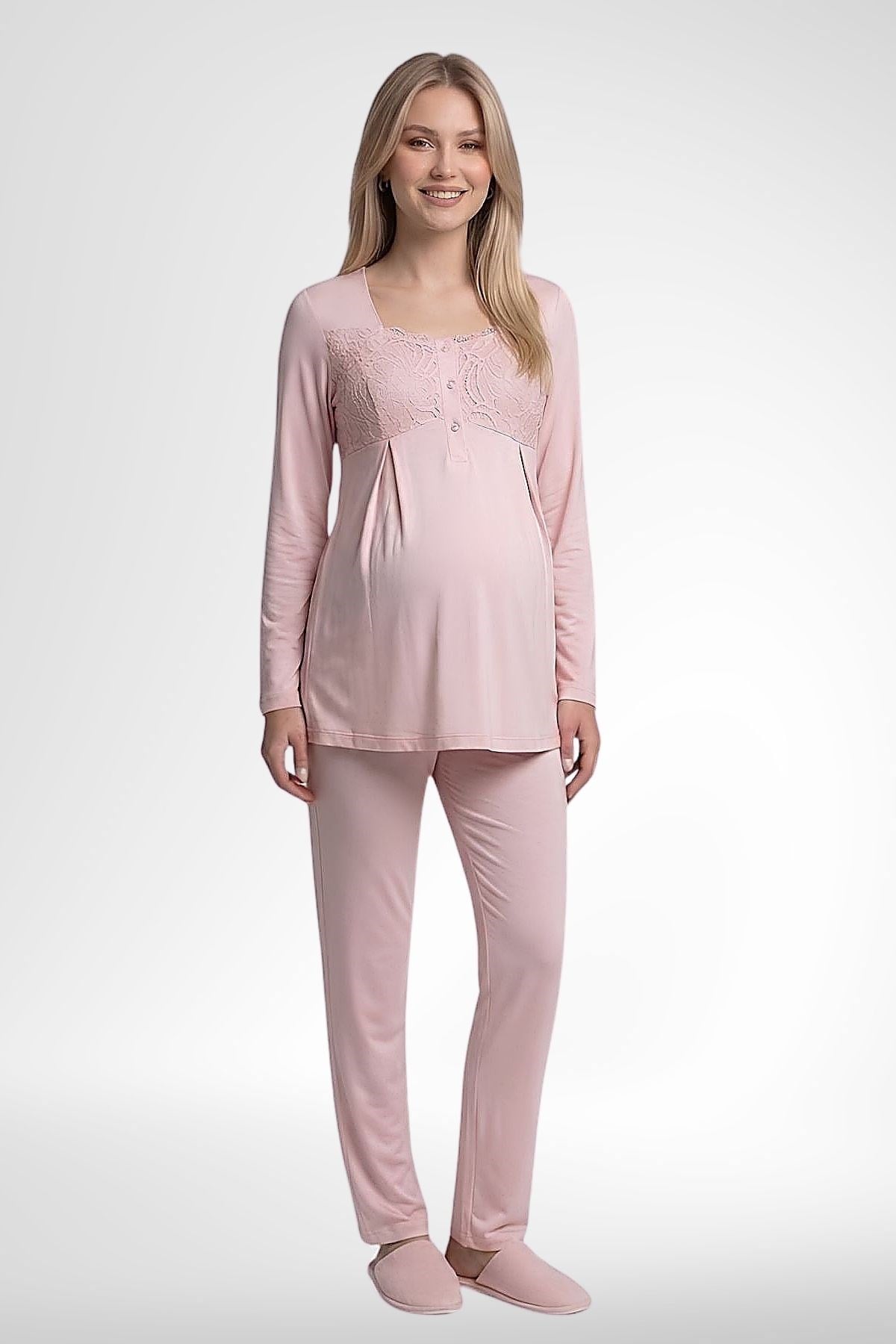 MECİT PİJAMAMecit 6402 Elegant Pudra Pembe Dantel Pelerinli Lohusa Pijama Takımı