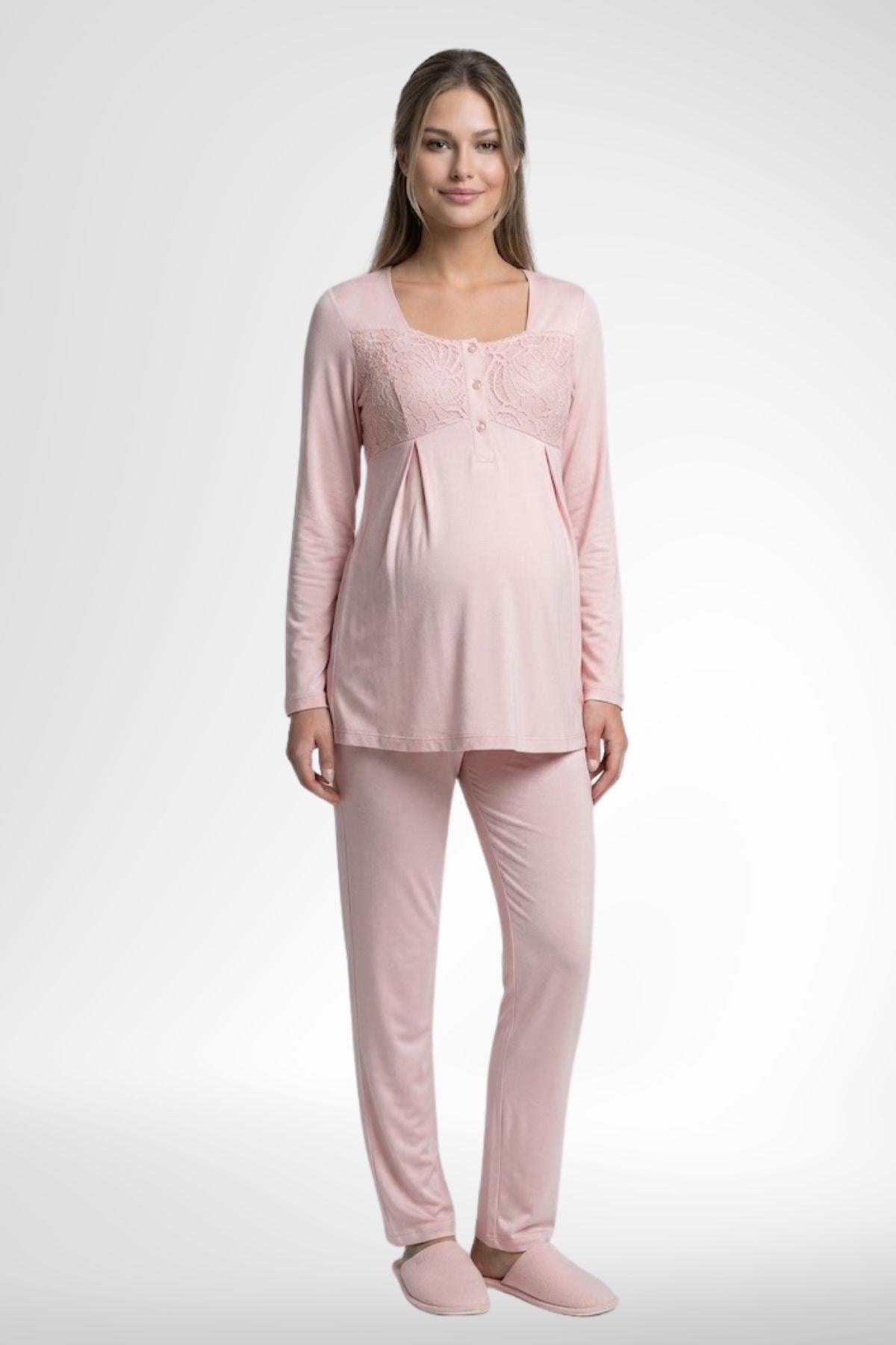 MECİT PİJAMAMecit 6402 Elegant Pudra Pembe Dantel Pelerinli Lohusa Pijama Takımı