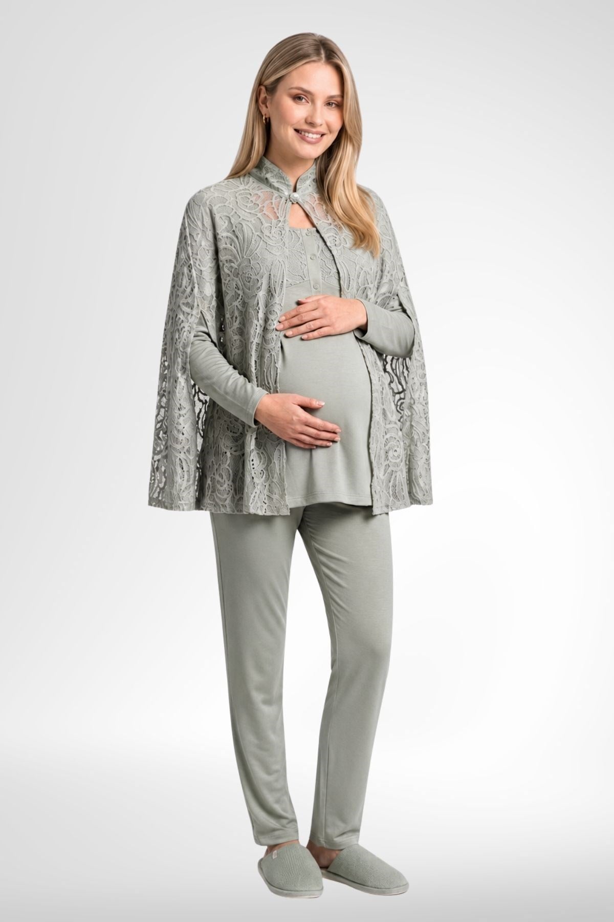 MECİT PİJAMAMecit 6402 Elegant Yeşil Dantel Pelerinli Lohusa Pijama Takımı