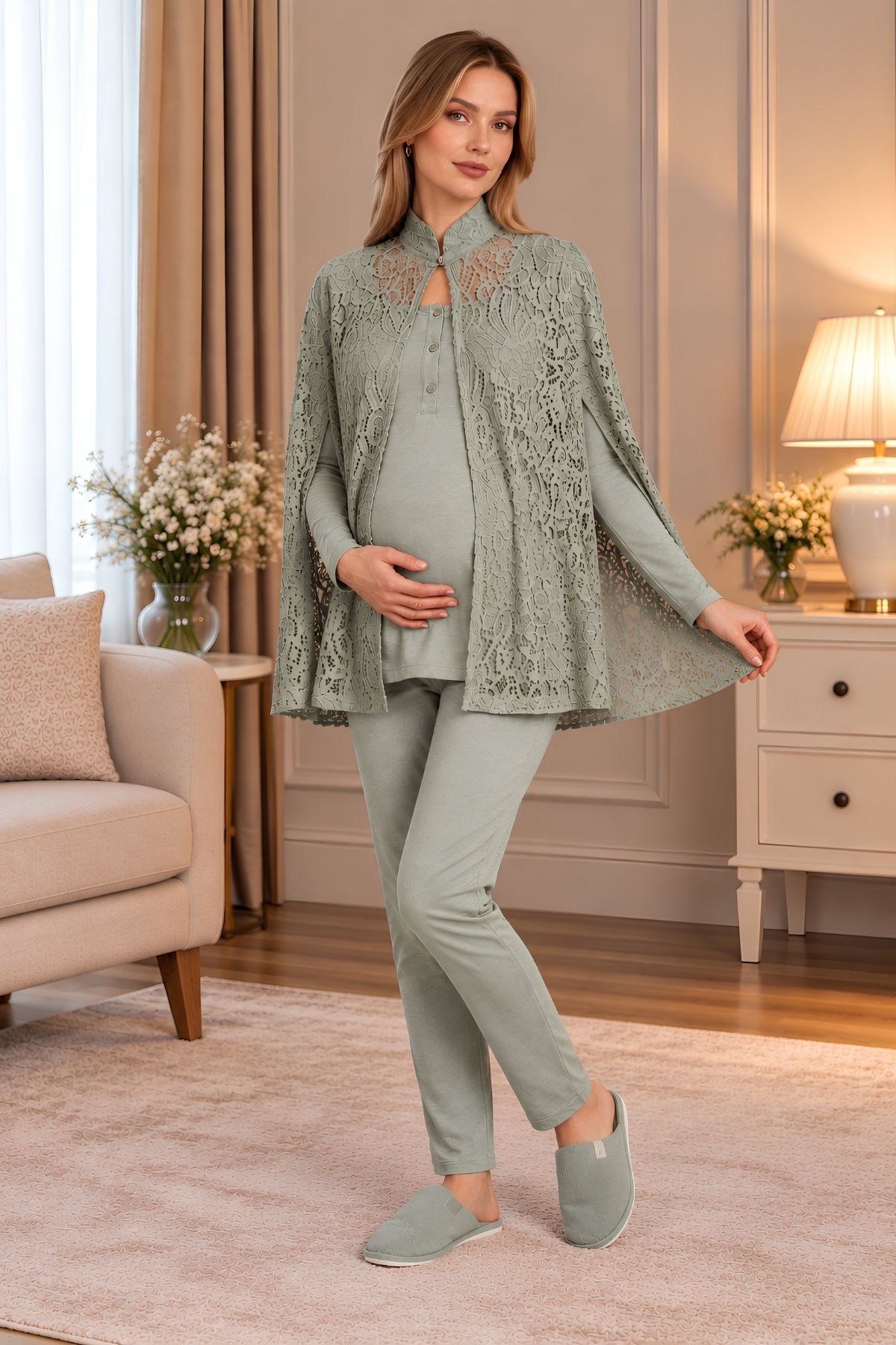 MECİT PİJAMAMecit 6402 Elegant Yeşil Dantel Pelerinli Lohusa Pijama Takımı