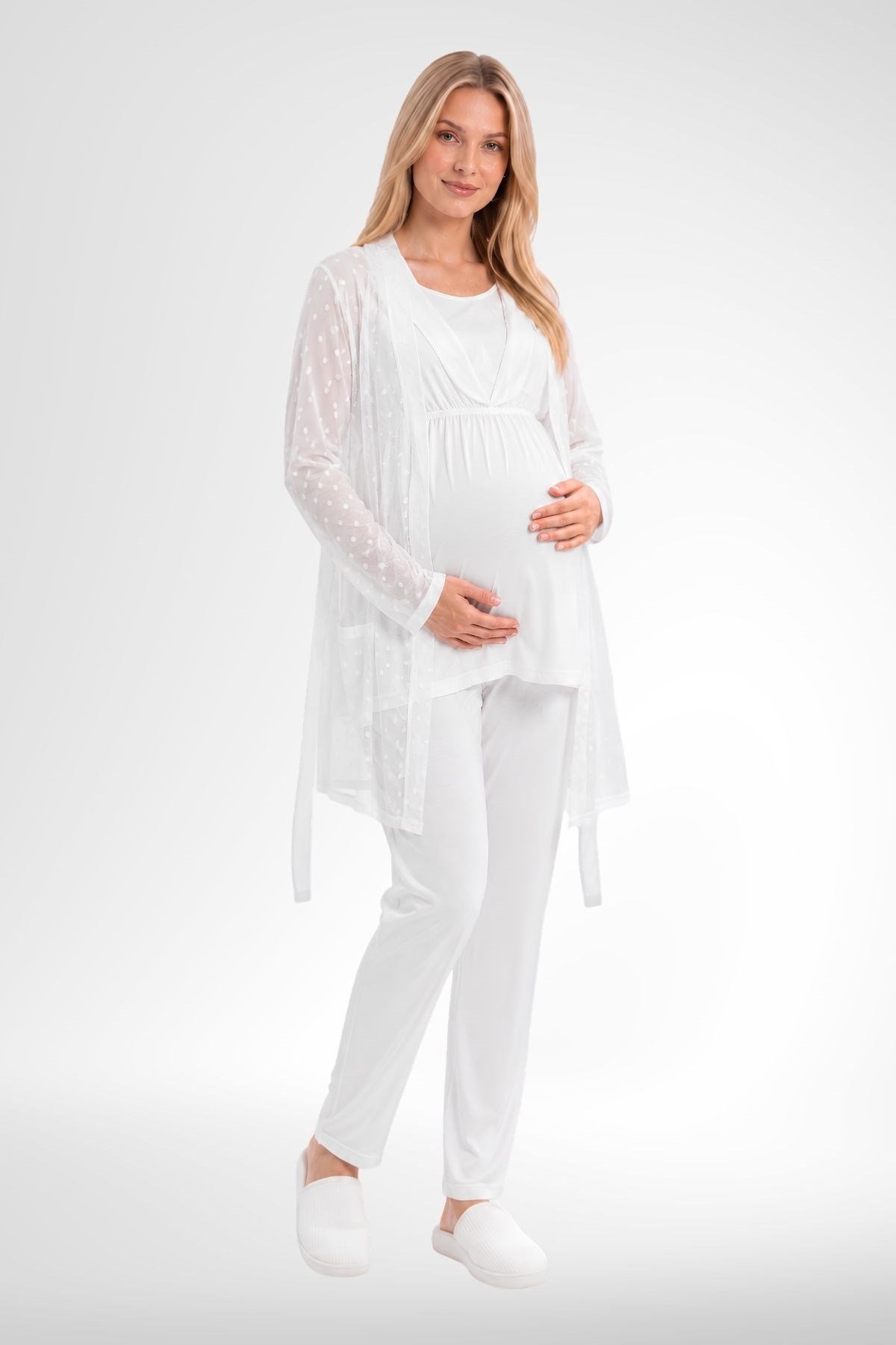 MECİT PİJAMAMecit 6406 Ekru Dantel Sabahlıklı Lohusa Pijama Takımı