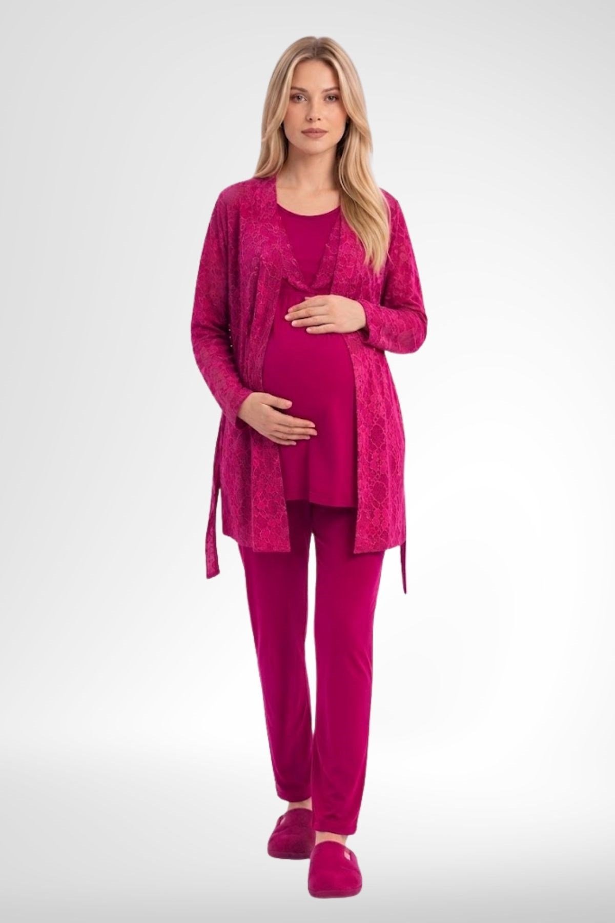 MECİT PİJAMAMecit 6406 Fuşya Dantel Sabahlıklı Lohusa Pijama Takımı