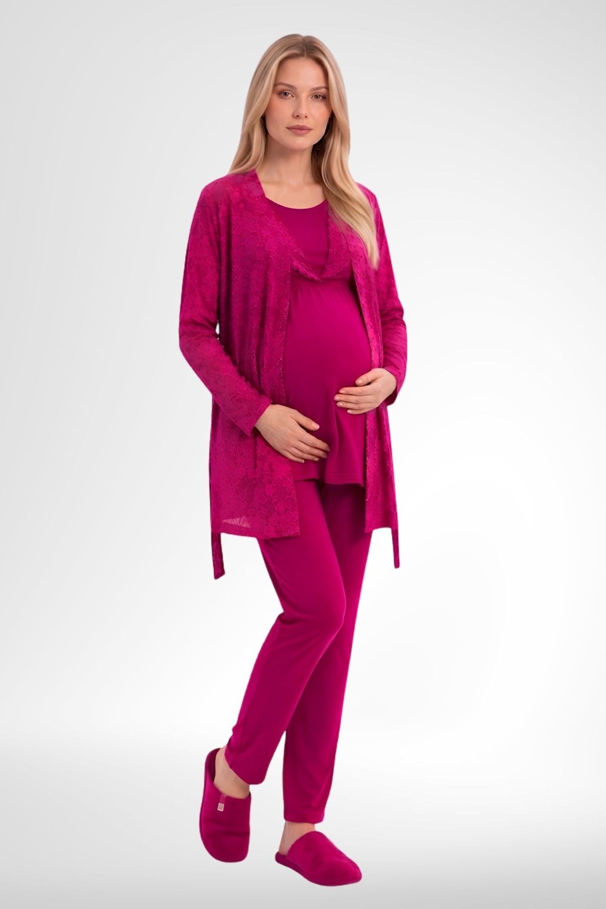 MECİT PİJAMAMecit 6406 Fuşya Dantel Sabahlıklı Lohusa Pijama Takımı