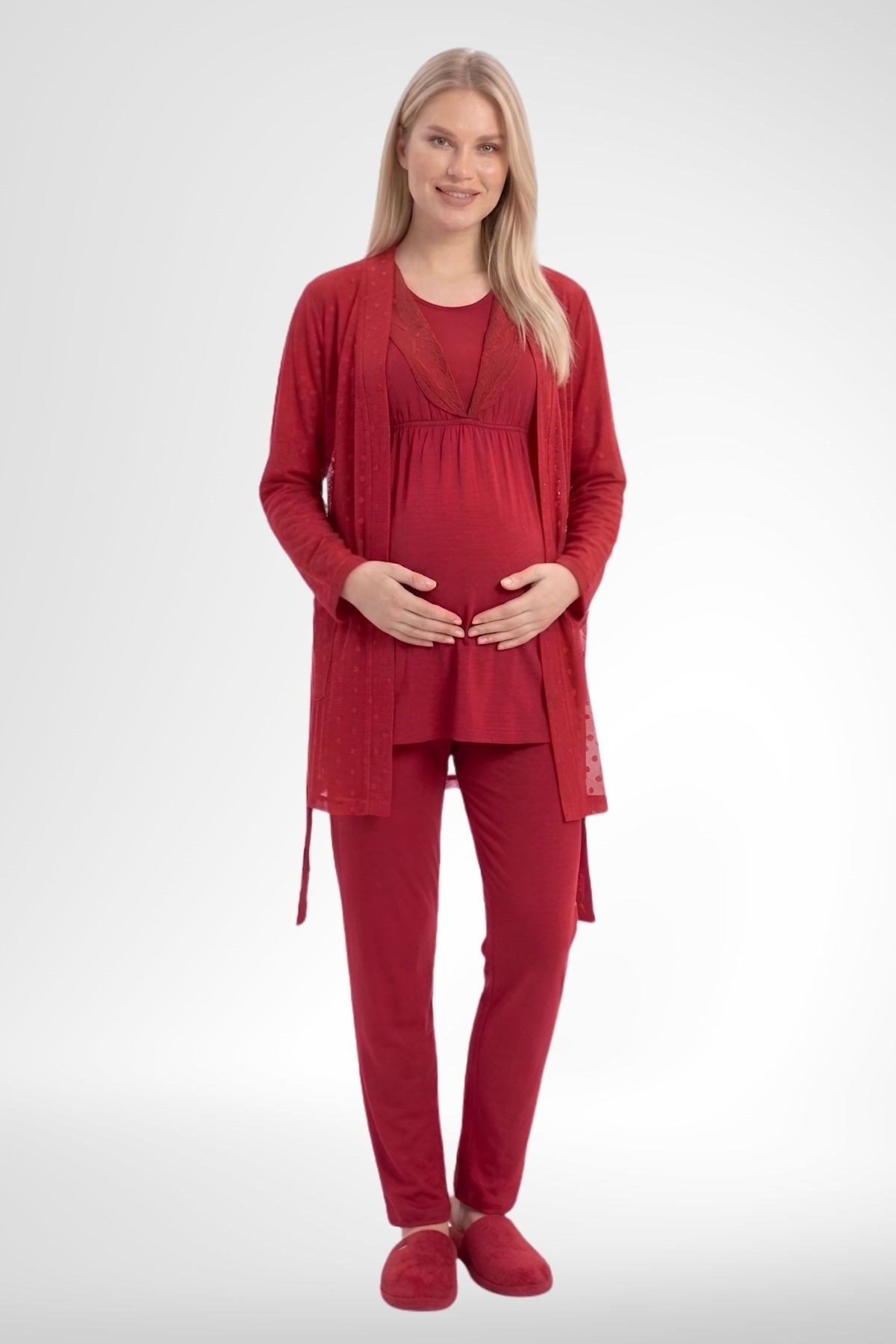MECİT PİJAMAMecit 6406 Kırmızı Dantel Sabahlıklı Lohusa Pijama Takımı