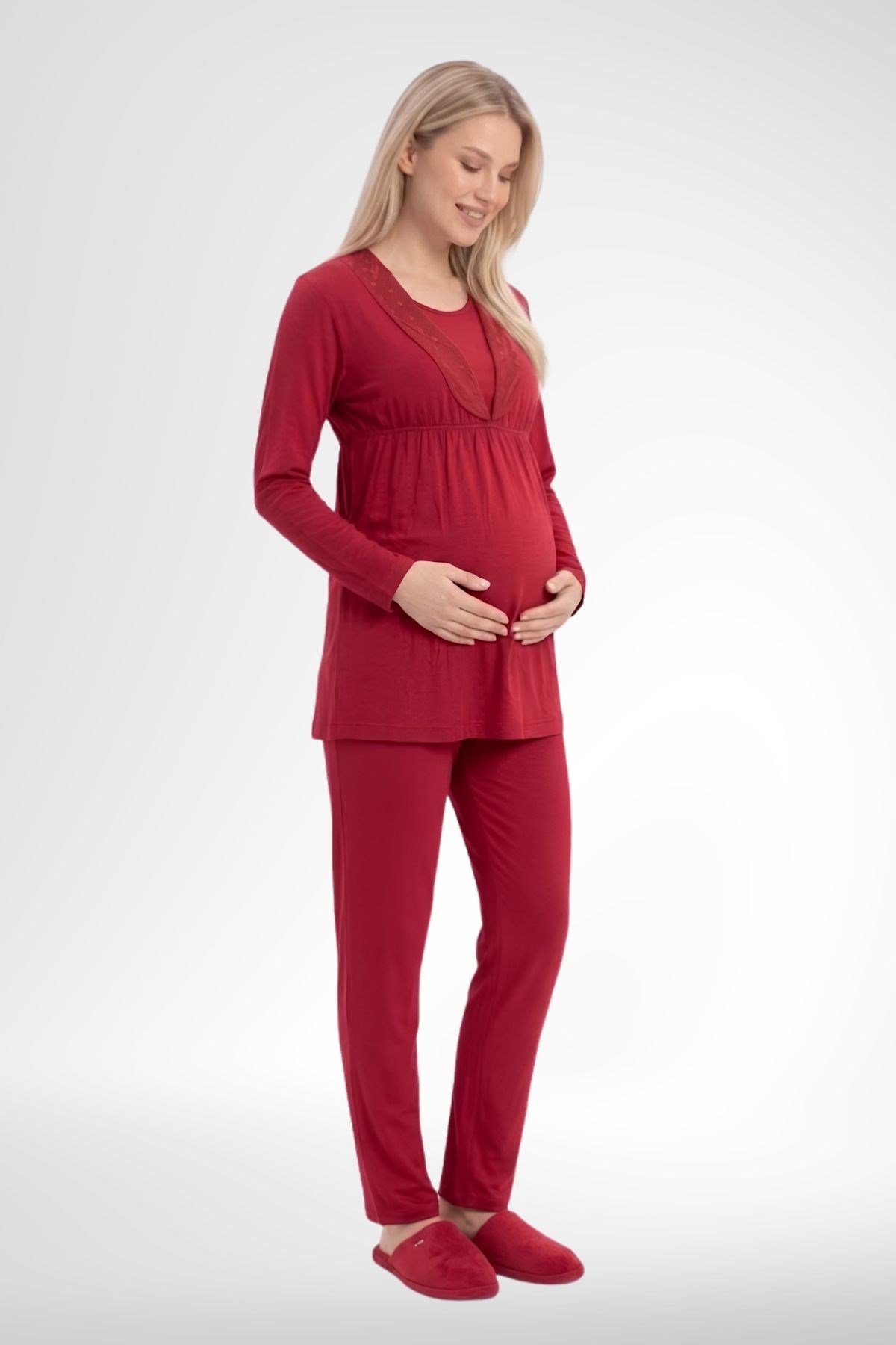 MECİT PİJAMAMecit 6406 Kırmızı Dantel Sabahlıklı Lohusa Pijama Takımı